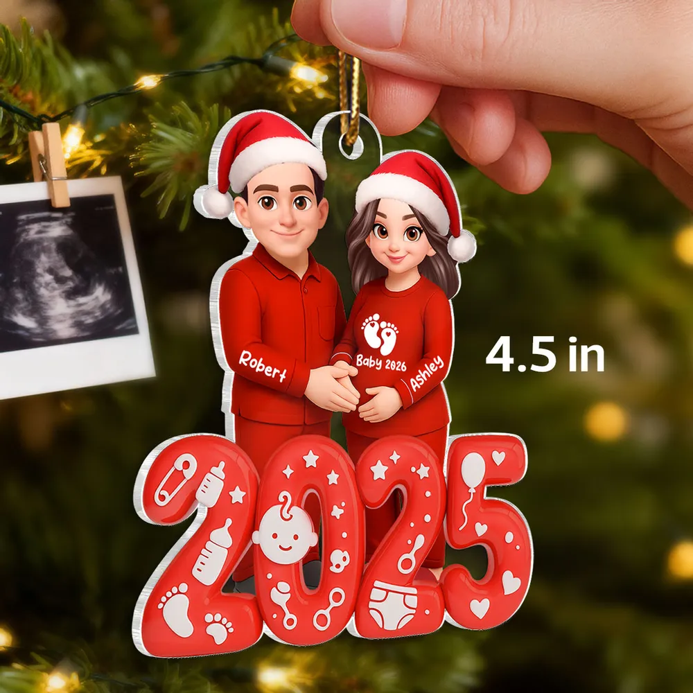 Acrylic Ornament for Expecting Parents - Personalized Santa-Hat Couple, Cozy Tree Keepsake, a unique gift for Mom-to-Be & Dad - Image 3