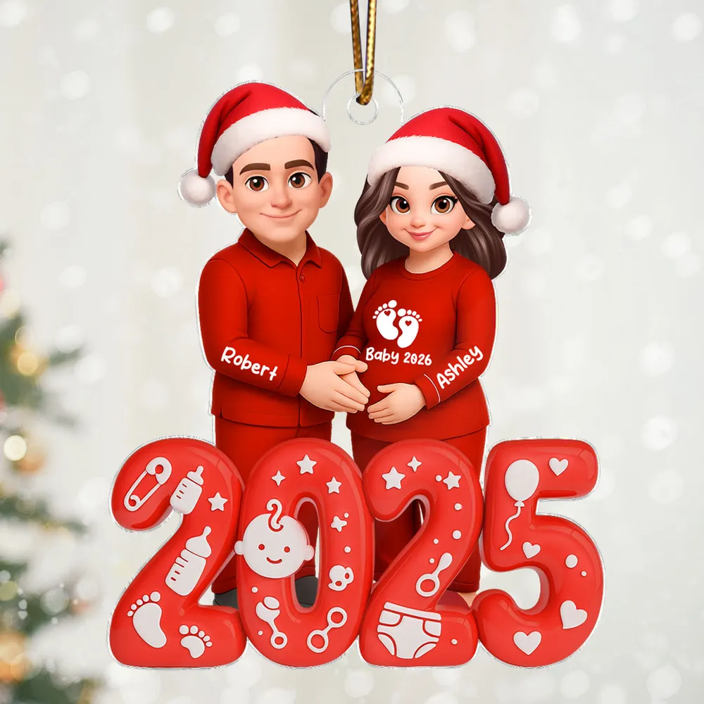 Acrylic Ornament for Expecting Parents - Personalized Santa-Hat Couple, Cozy Tree Keepsake, a unique gift for Mom-to-Be & Dad - Image 5