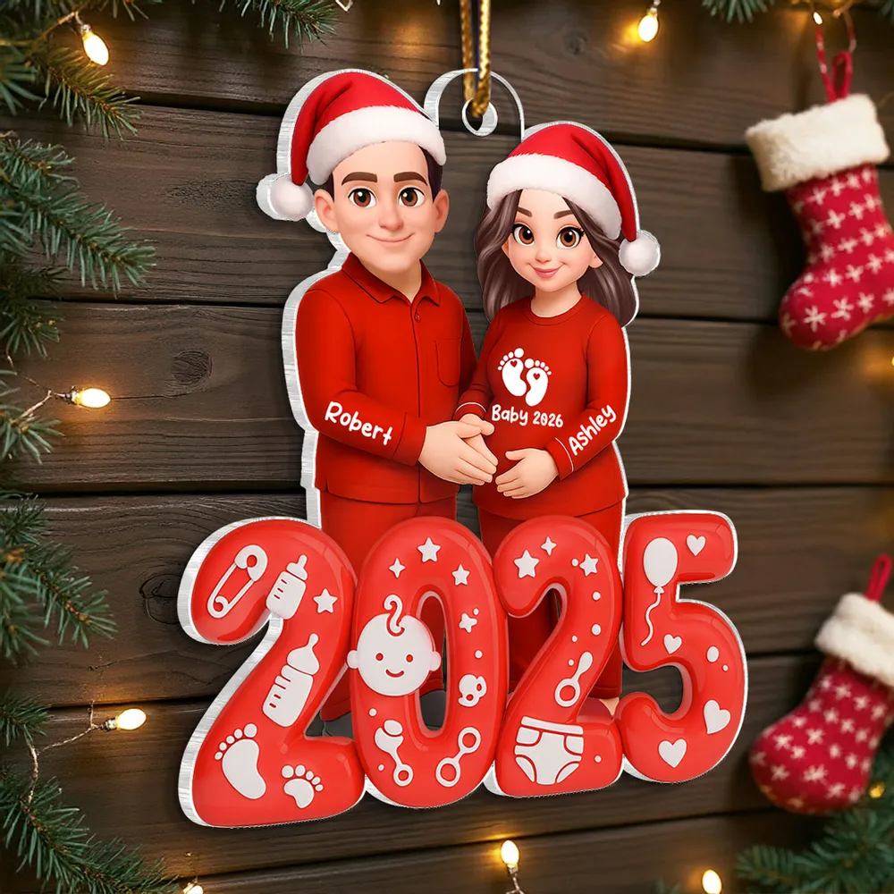 Acrylic Ornament for Expecting Parents - Personalized Santa-Hat Couple, Cozy Tree Keepsake, a unique gift for Mom-to-Be & Dad - Image 7