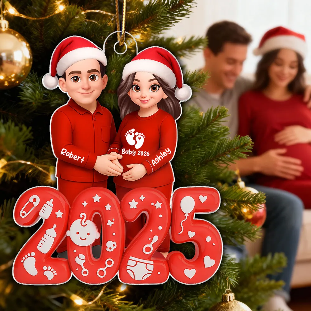Acrylic Ornament for Expecting Parents - Personalized Santa-Hat Couple, Cozy Tree Keepsake, a unique gift for Mom-to-Be & Dad - Image 8