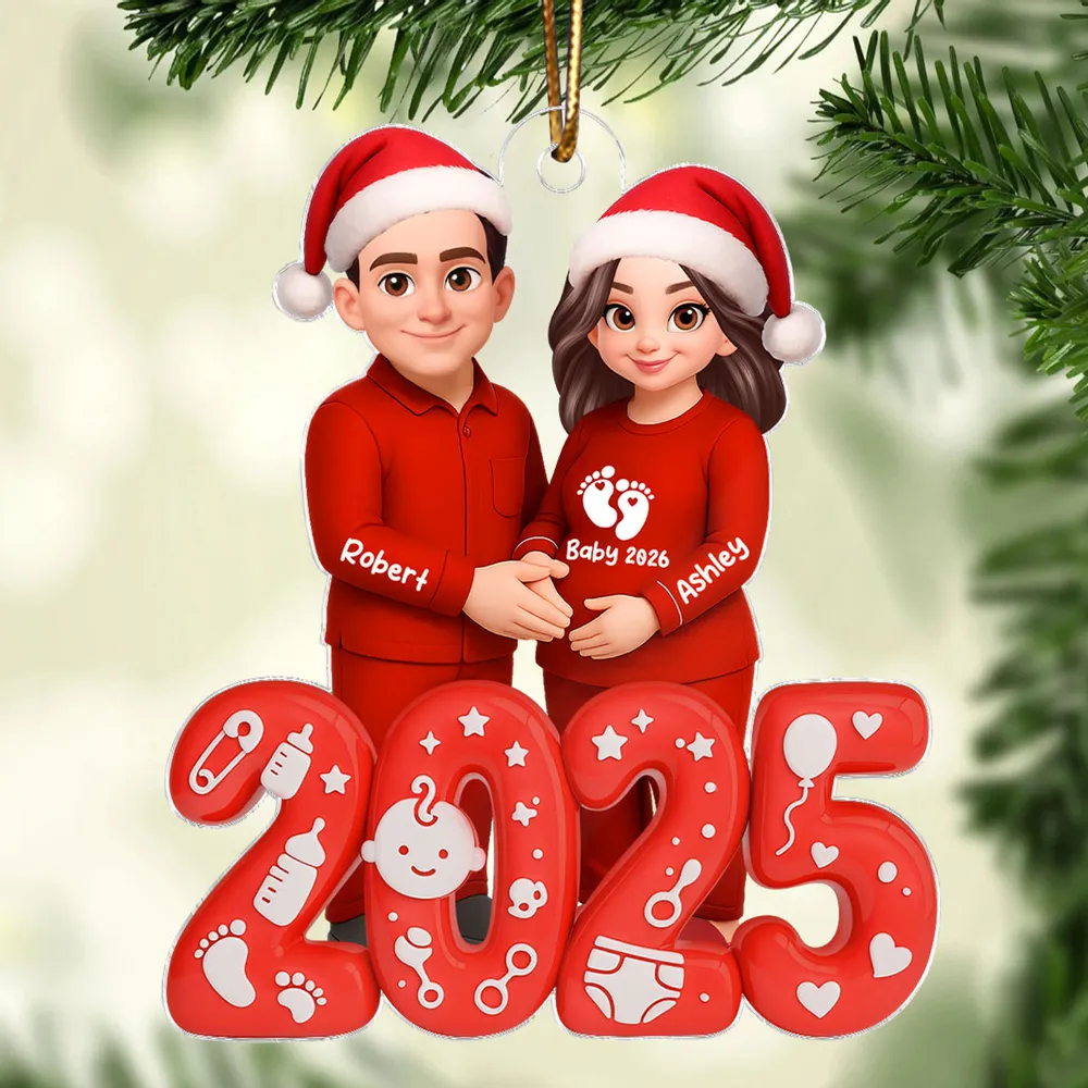 Acrylic Ornament for Expecting Parents - Personalized Santa-Hat Couple, Cozy Tree Keepsake, a unique gift for Mom-to-Be & Dad - Image 9