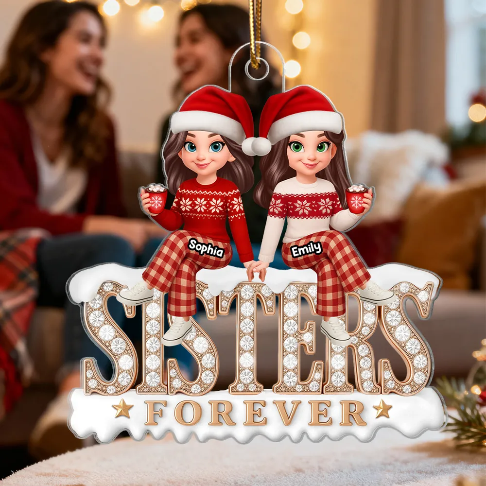 Sisters Forever Acrylic Ornament, Santa Hat Sisters with Cocoa, Christmas Tree Decor, unique gift for Sister - Image 2