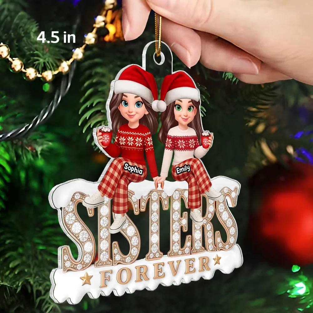 Sisters Forever Acrylic Ornament, Santa Hat Sisters with Cocoa, Christmas Tree Decor, unique gift for Sister - Image 3