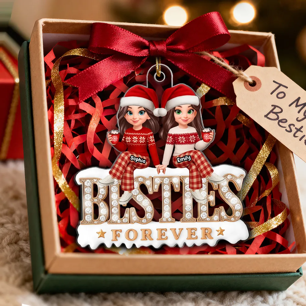 Acrylic Ornament - Besties Forever, cute cartoon friends in Santa hats holding hands, cozy tree decor, unique gift for best friend - Image 7
