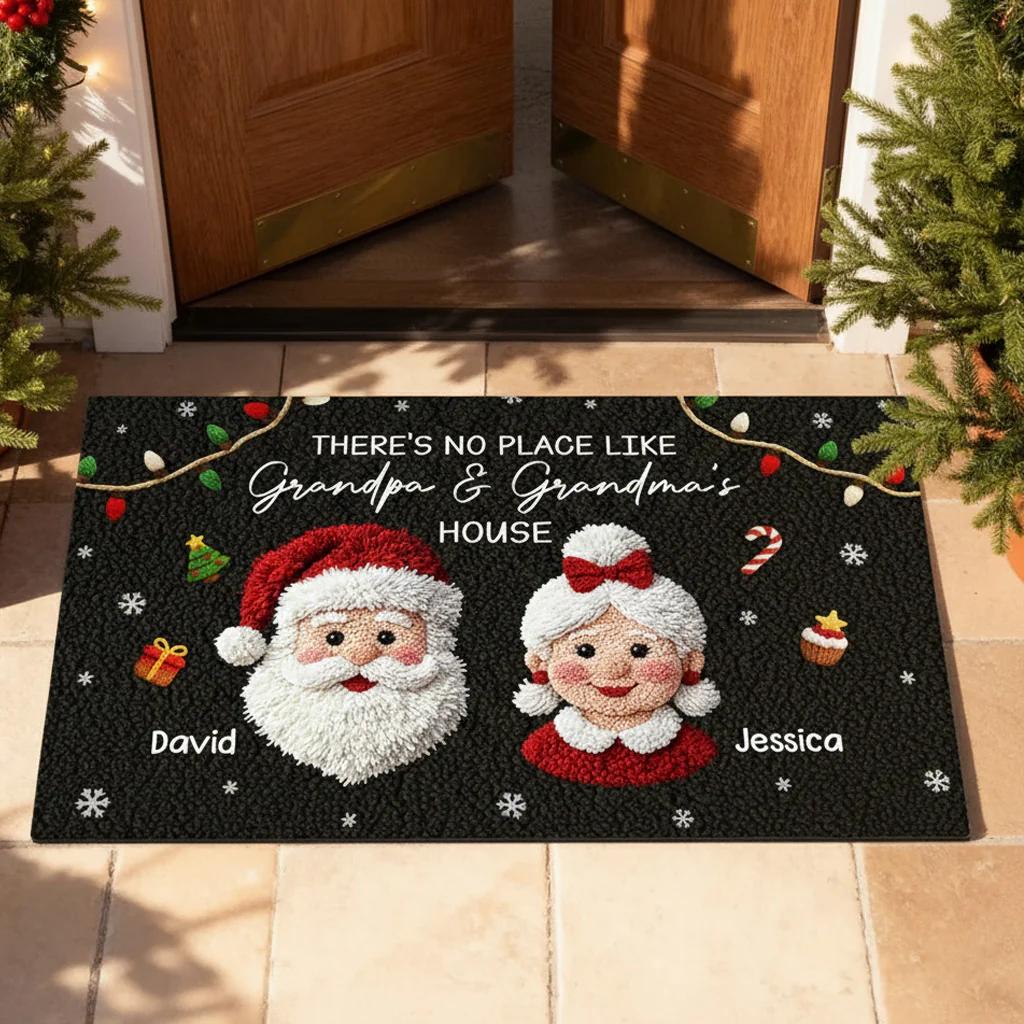 Christmas Doormat for Grandparents, Santa & Mrs. Claus Art, Non-Slip, Cozy Entry, Unique Personalized Gift
