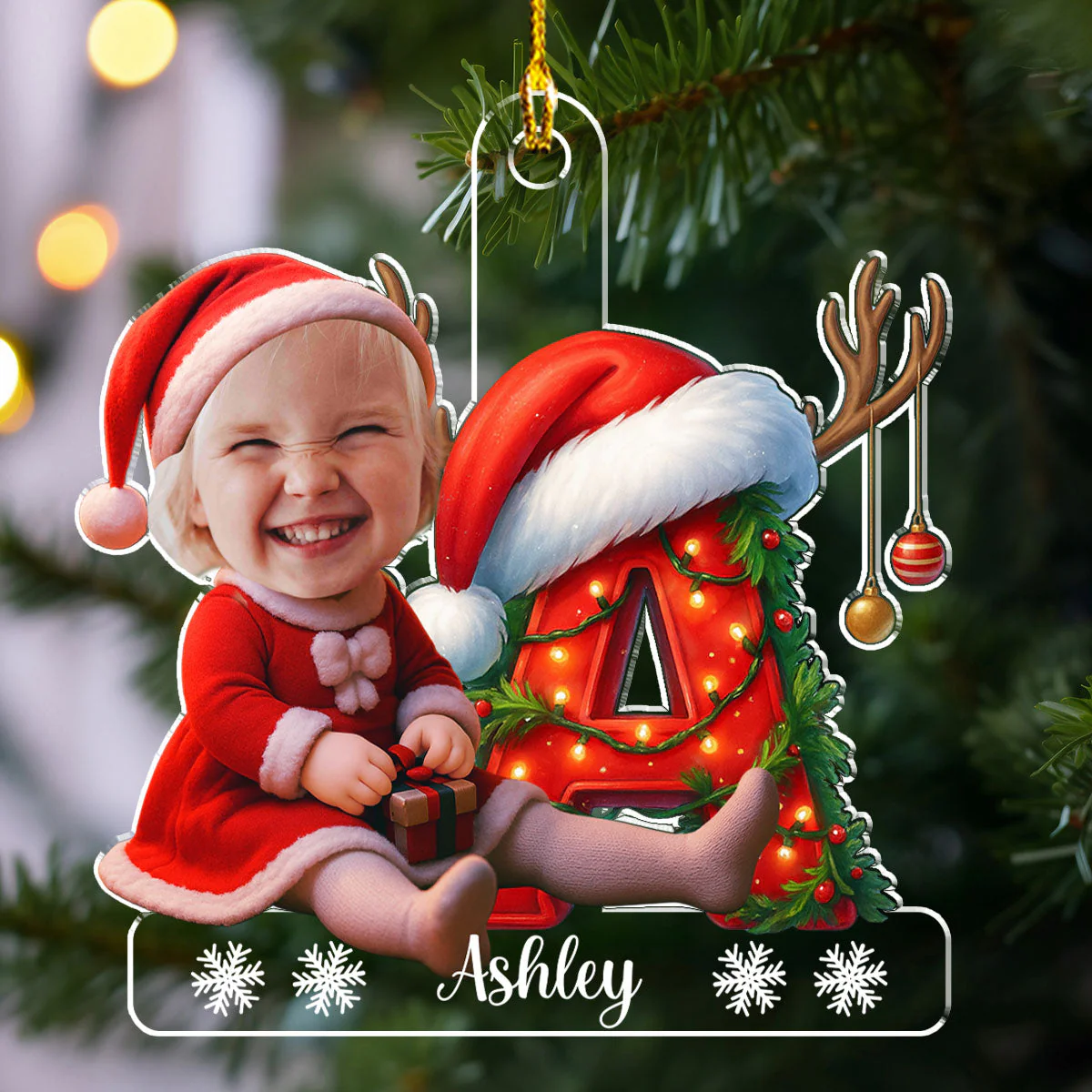 Christmas Acrylic Ornament - Photo Initial with Santa Hat & Lights, easy to hang, a unique gift for Parents & Grandparents - Image 2