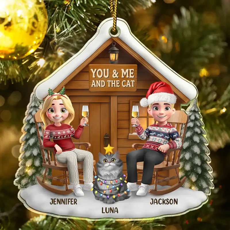 You & Me and the Cat Acrylic Ornament - Cozy Cabin Couple, Snowy Winter Scene - a unique gift for Couples & Cat Lovers - Image 5