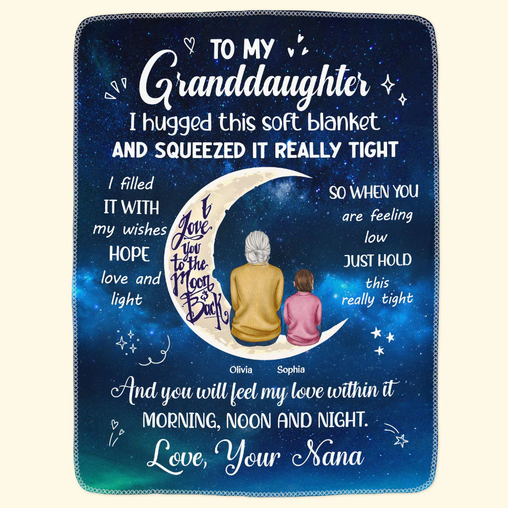 Granddaughter Blanket - Galaxy Moon & Stars, grandma & child sitting, I love you to the moon and back - unique gift - Image 6