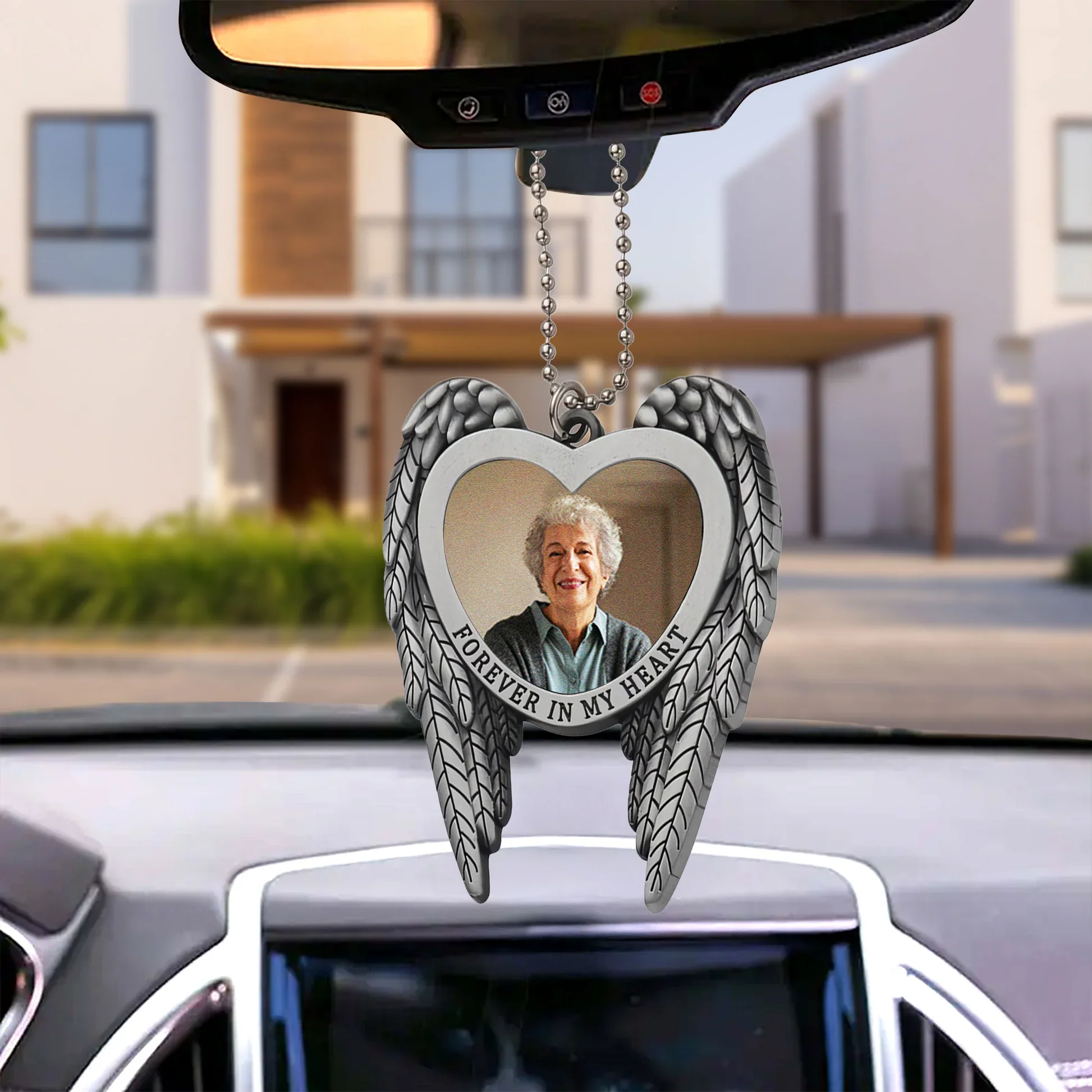 Angel Wings Heart Ornament for Car Mirror, Personalized Photo Memorial Keepsake, a unique gift for family - Image 3
