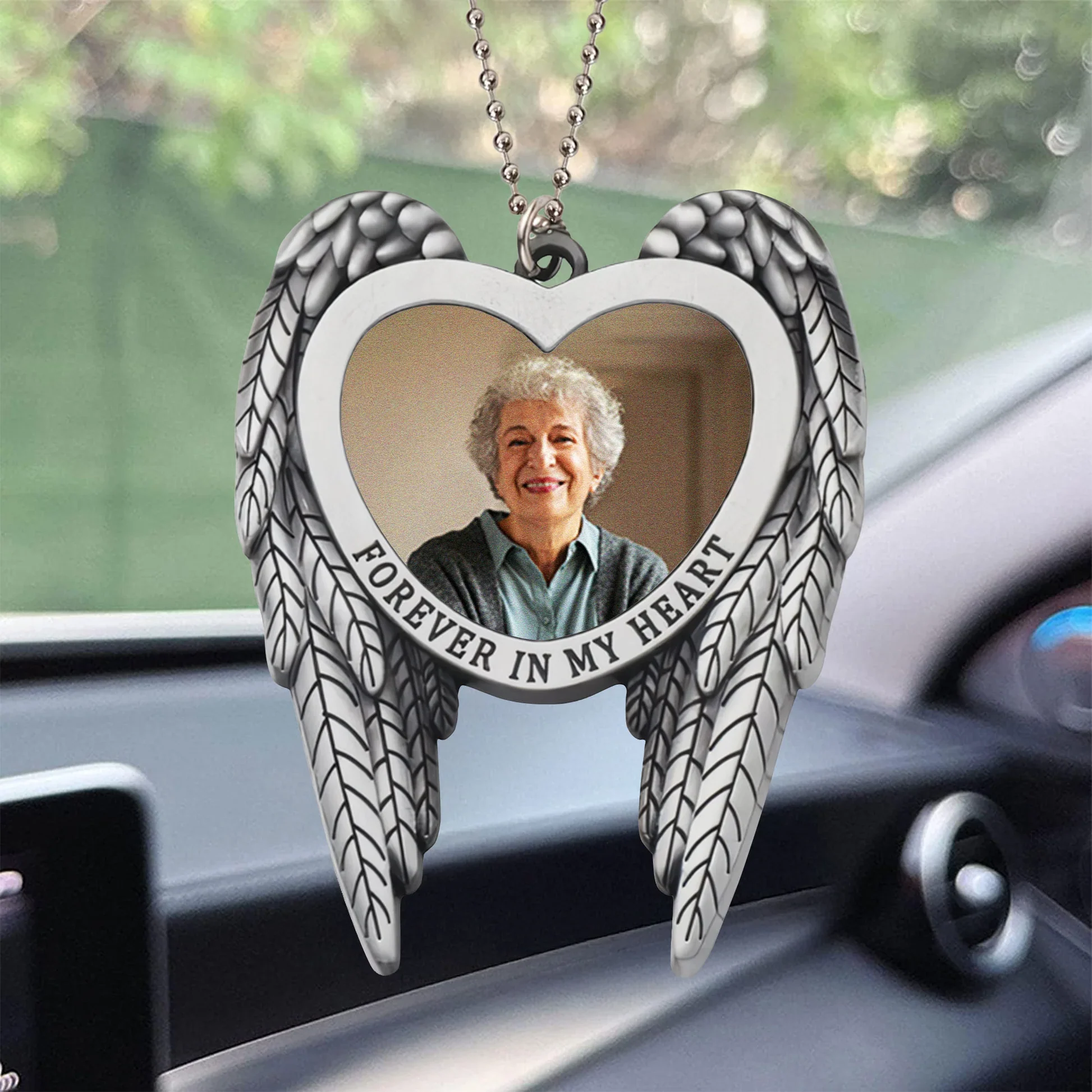 Angel Wings Heart Ornament for Car Mirror, Personalized Photo Memorial Keepsake, a unique gift for family - Image 4