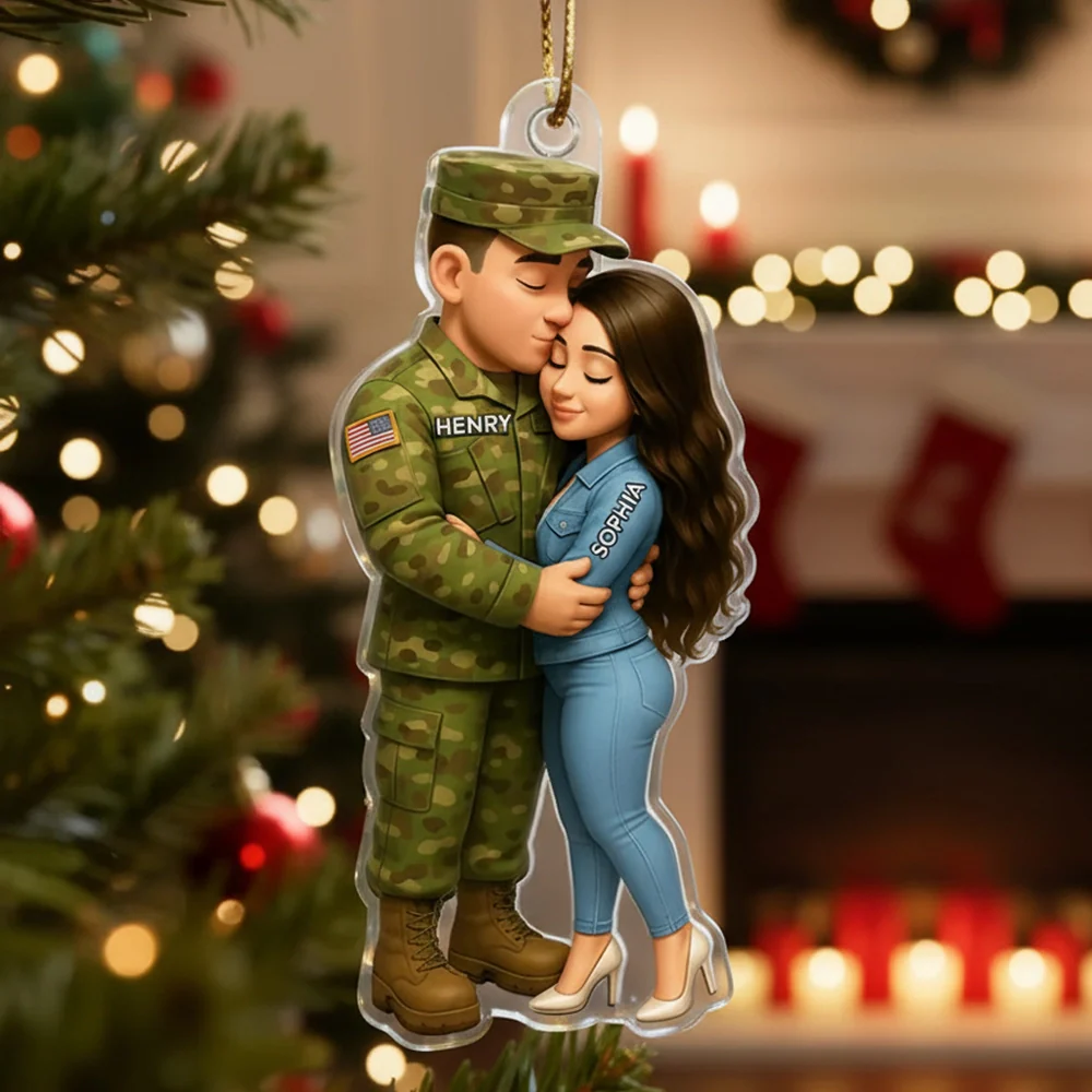 Acrylic Ornament - Custom Military Couple Hugging, Christmas Tree Decor, tender keepsake, a unique gift for Couples, Him or Her - Image 2