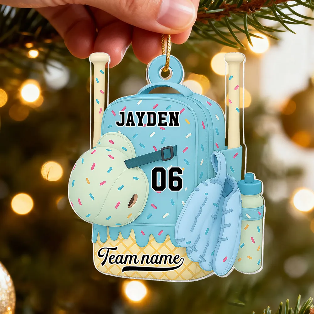 Acrylic Ornament Baseball Softball Backpack, customizable candy-sprinkle design for holiday tree, cute unique gift for kids - Image 3