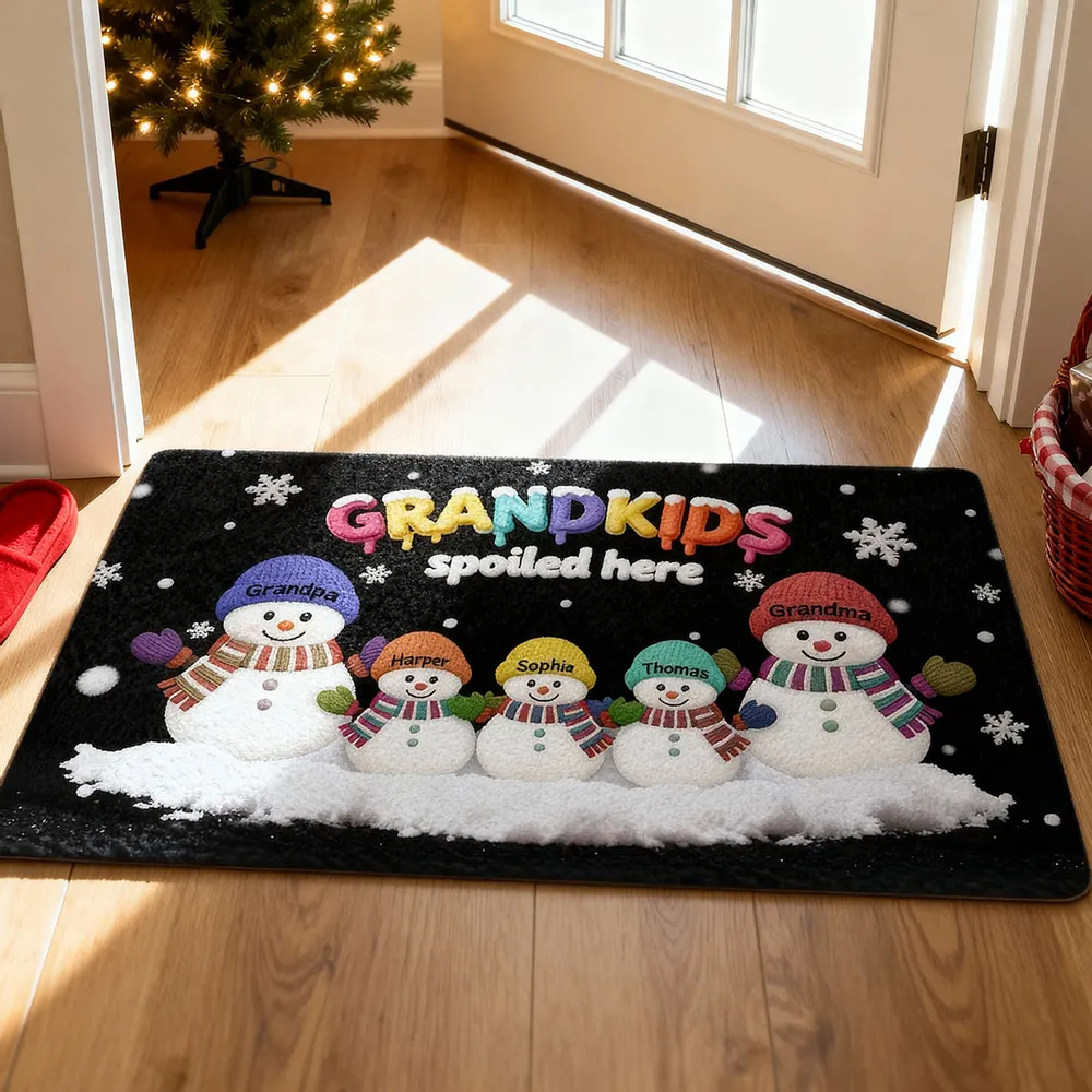 Doormat Personalized Snowman Family for Entryway, Grandkids Spoiled Here, cozy winter look, unique gift for Grandparents - Image 6