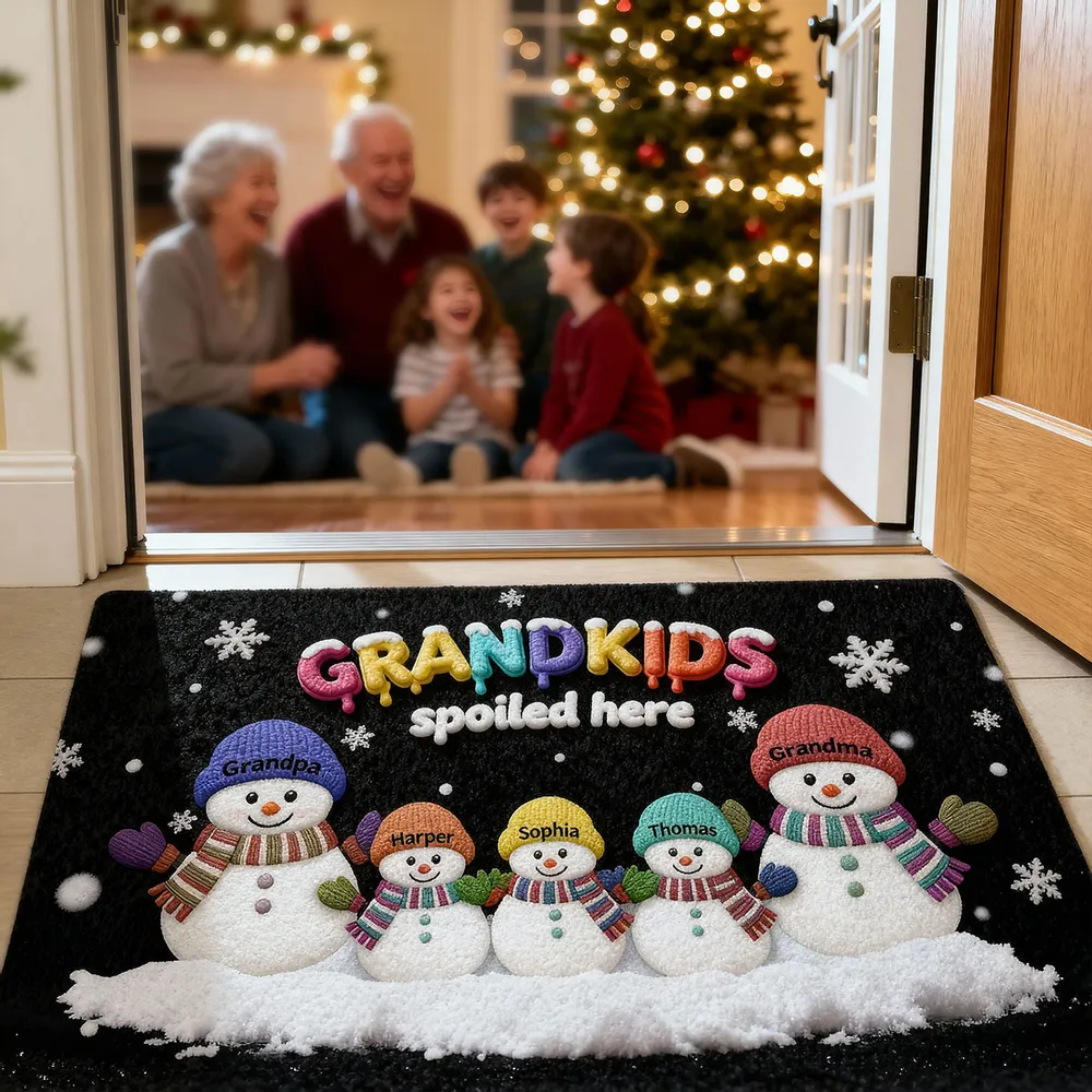Doormat Personalized Snowman Family for Entryway, Grandkids Spoiled Here, cozy winter look, unique gift for Grandparents - Image 7