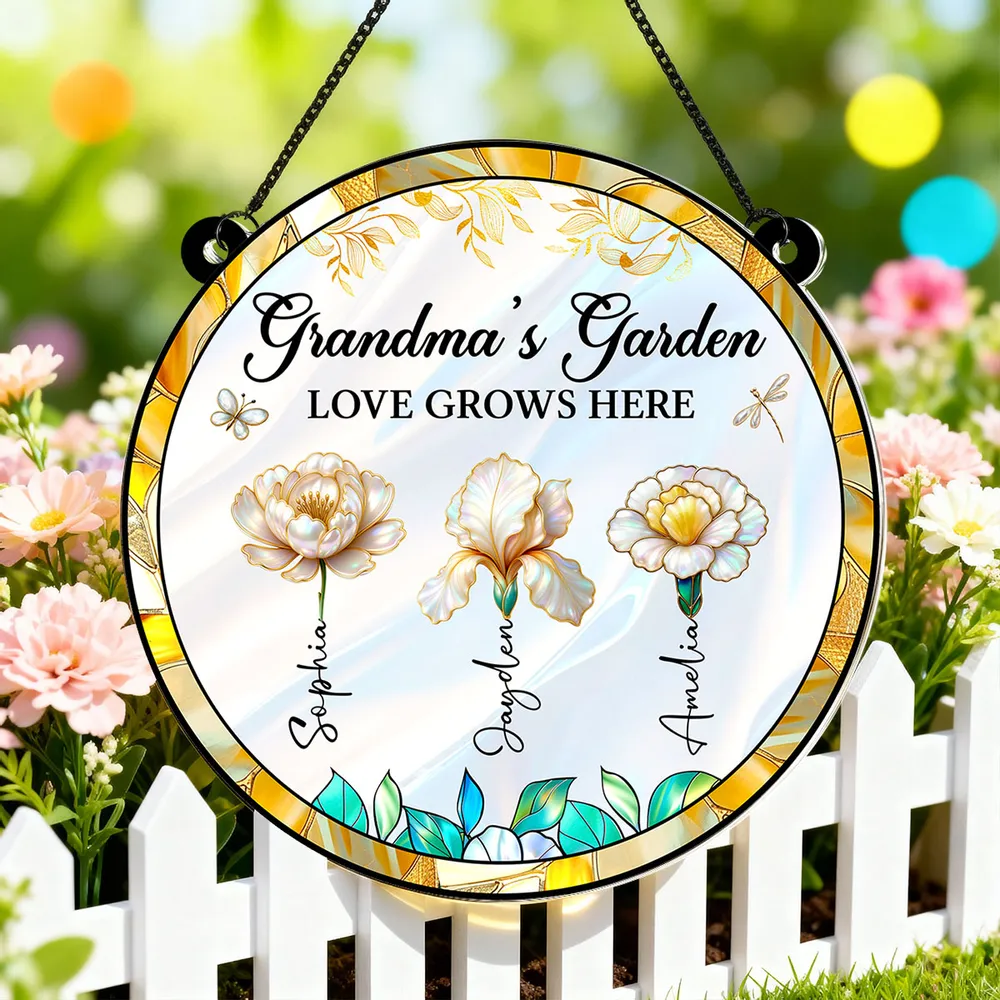 Personalized Acrylic Suncatcher Ornament – Grandma’s Garden “Love Grows Here”, thoughtful gift-ready keepsake for Grandma