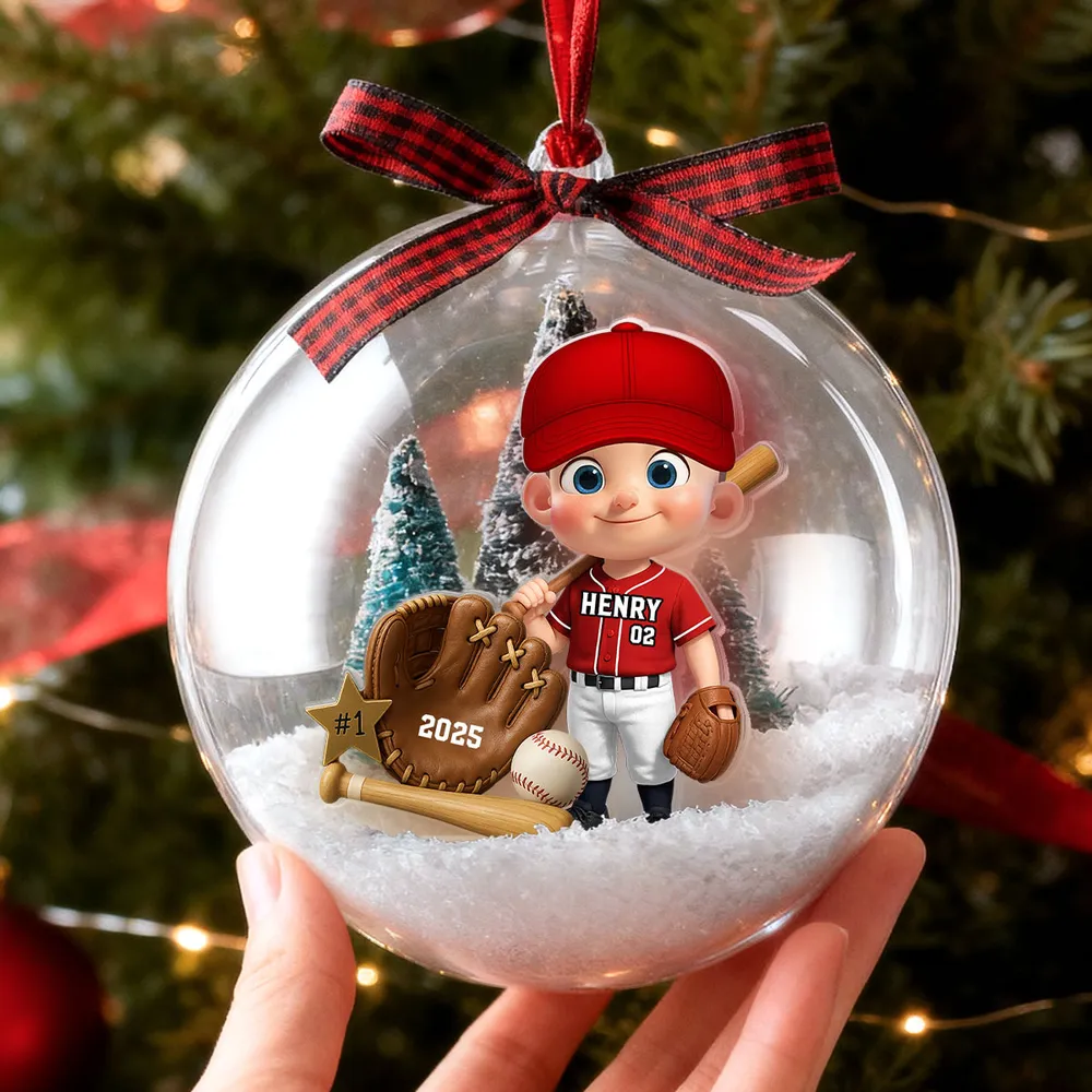 Snow Globe Ornament with Baseball Player - Personalized, Clear Acrylic, Winter Scene, a Unique Gift for Kids & Grandkids - Image 2