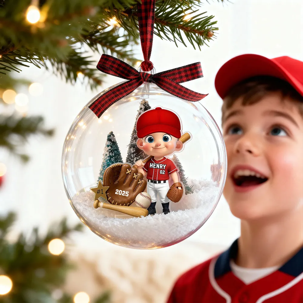 Snow Globe Ornament with Baseball Player - Personalized, Clear Acrylic, Winter Scene, a Unique Gift for Kids & Grandkids - Image 5