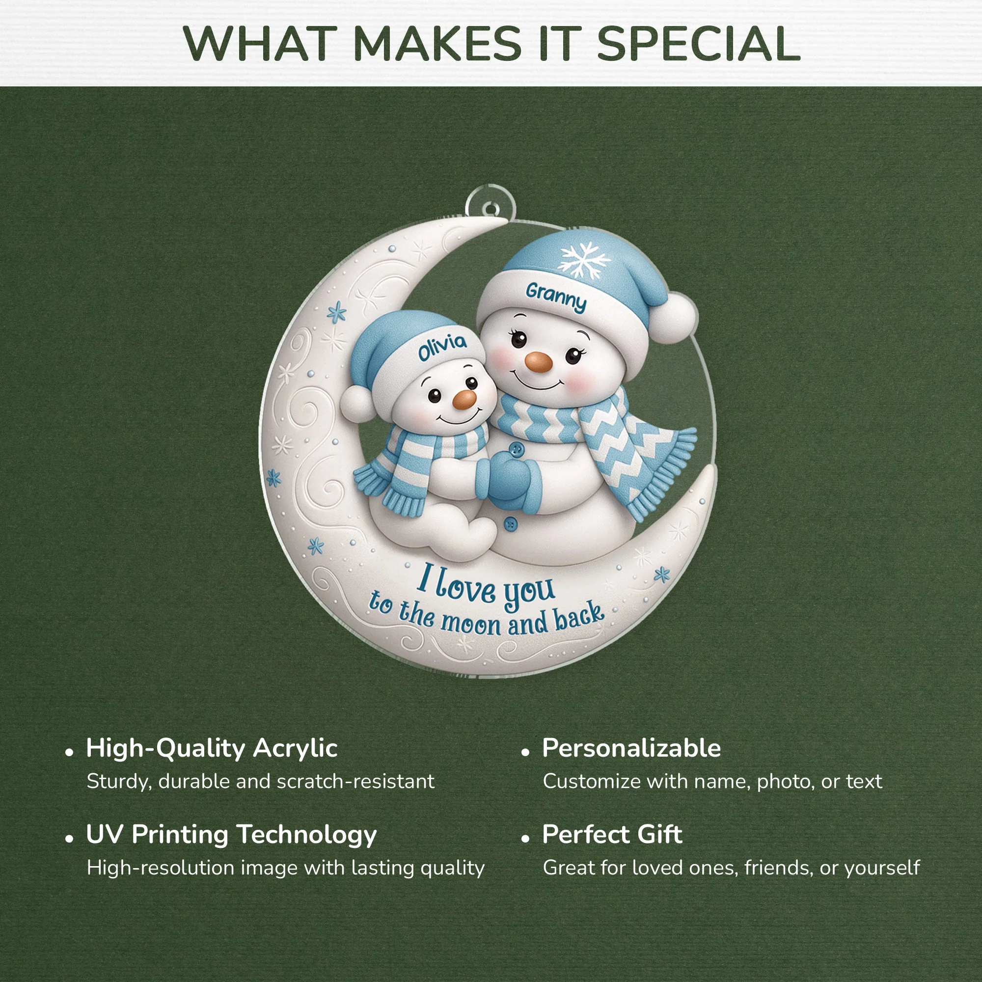Acrylic Ornament with Snowman Moon Scene, I love you to the moon and back quote, creative Christmas gift for Mom, Grandma - Image 3