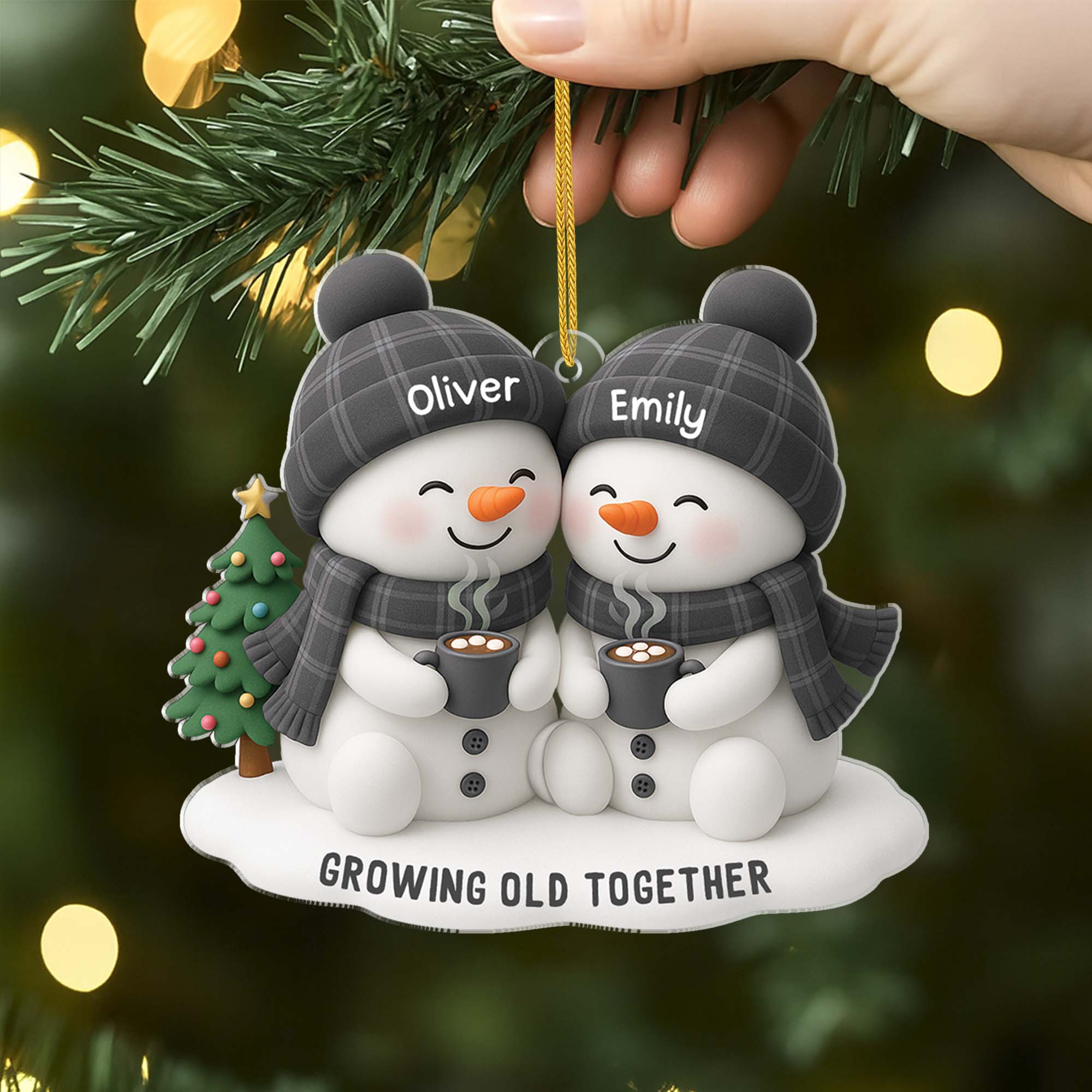 Acrylic Ornament Snowman Couple, hugging with hot cocoa for Christmas Tree, Growing Old Together unique gift for couples - Image 2