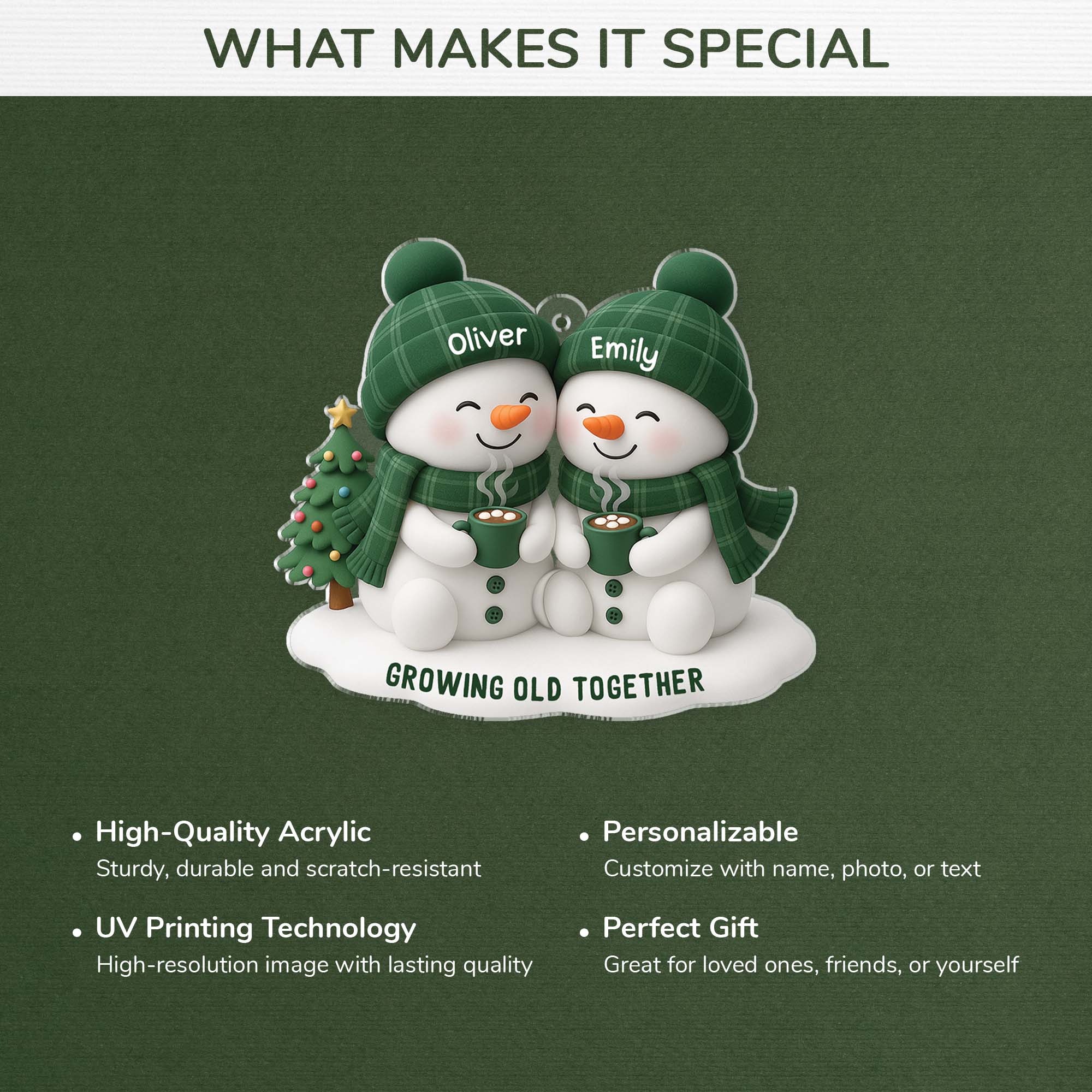 Acrylic Ornament Snowman Couple, hugging with hot cocoa for Christmas Tree, Growing Old Together unique gift for couples - Image 3