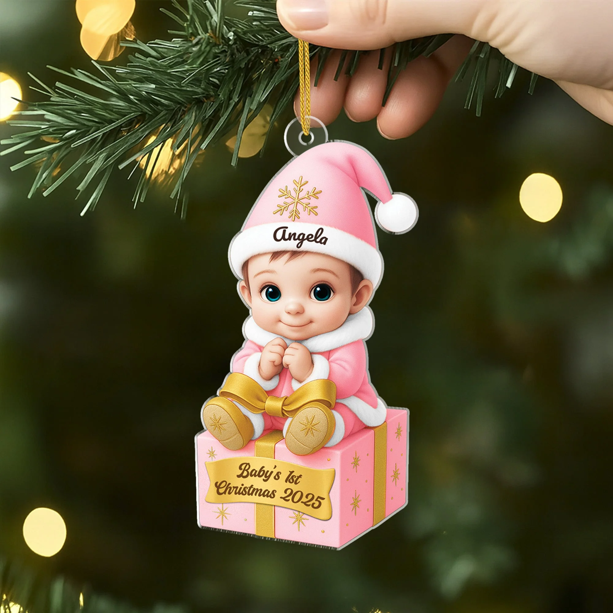 Acrylic Ornament for Baby's First Christmas, sitting baby on gift box, pastel blue & gold, creative gift for parents - Image 2