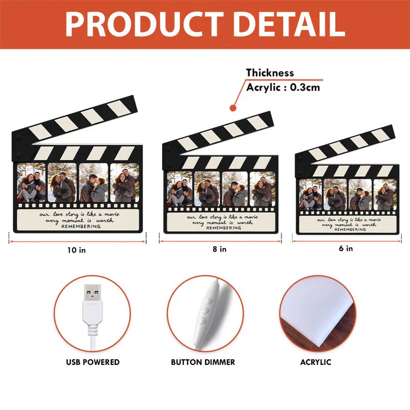 Clapperboard Acrylic Light Box, Personalized Photos and Warm Glow Bedroom Decor for Couples, a Unique Romantic Gift - Image 4