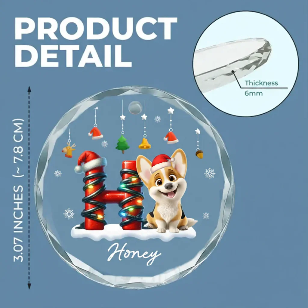 Crystal Ornament - Cute Puppy in Santa Hat, Snowflakes, Personalized Christmas decor, unique gift for dog lovers - Image 4