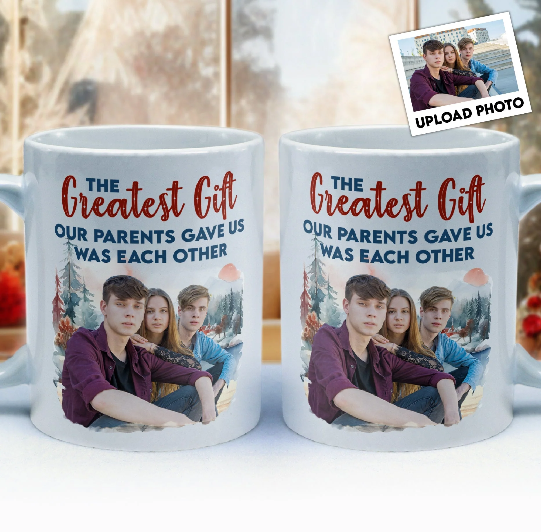 Family Mug with Illustration & Quote, siblings sitting in a snowy mountain scene, a unique gift for Mom & Dad - Image 2