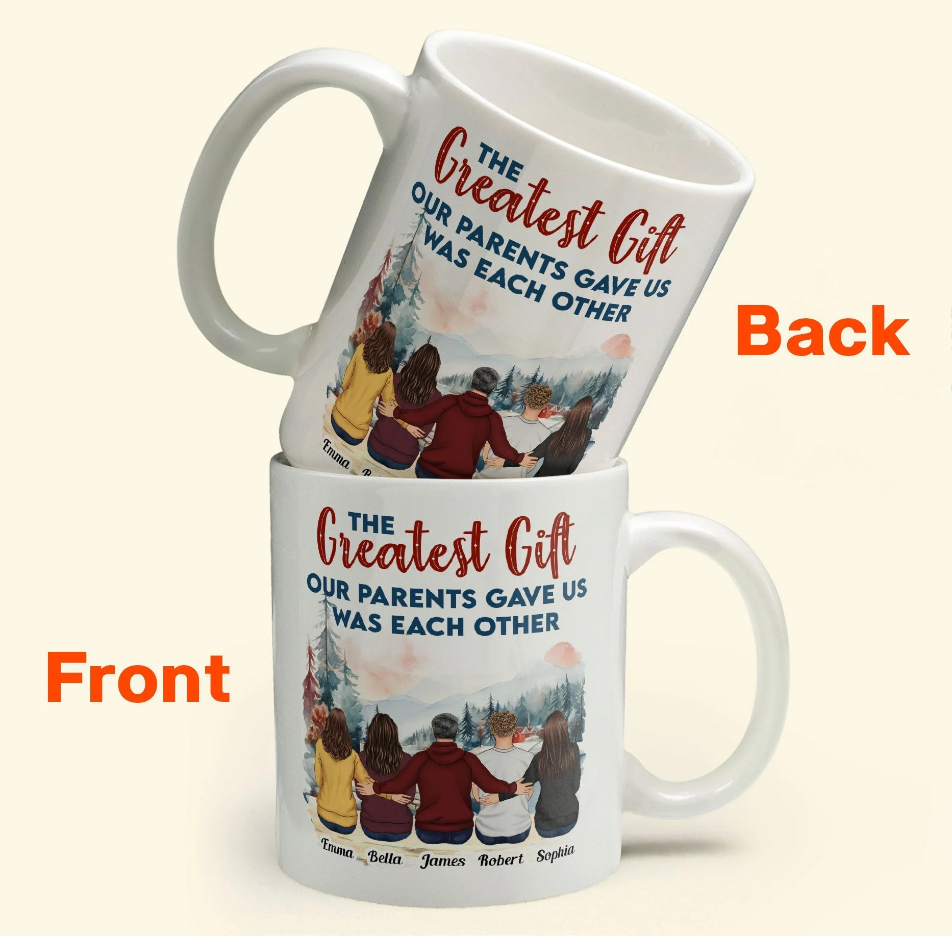 Family Mug with Illustration & Quote, siblings sitting in a snowy mountain scene, a unique gift for Mom & Dad - Image 3