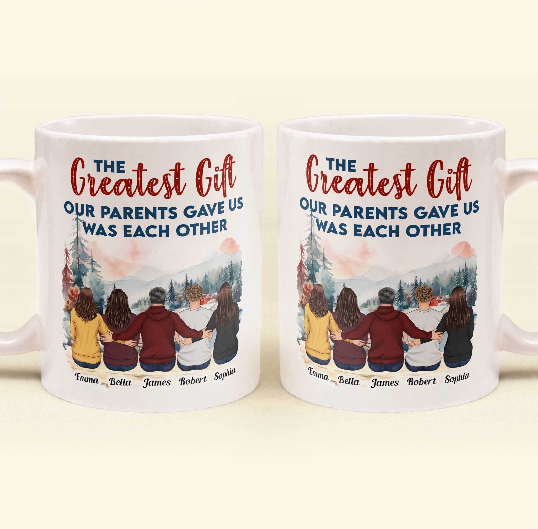 Family Mug with Illustration & Quote, siblings sitting in a snowy mountain scene, a unique gift for Mom & Dad - Image 4