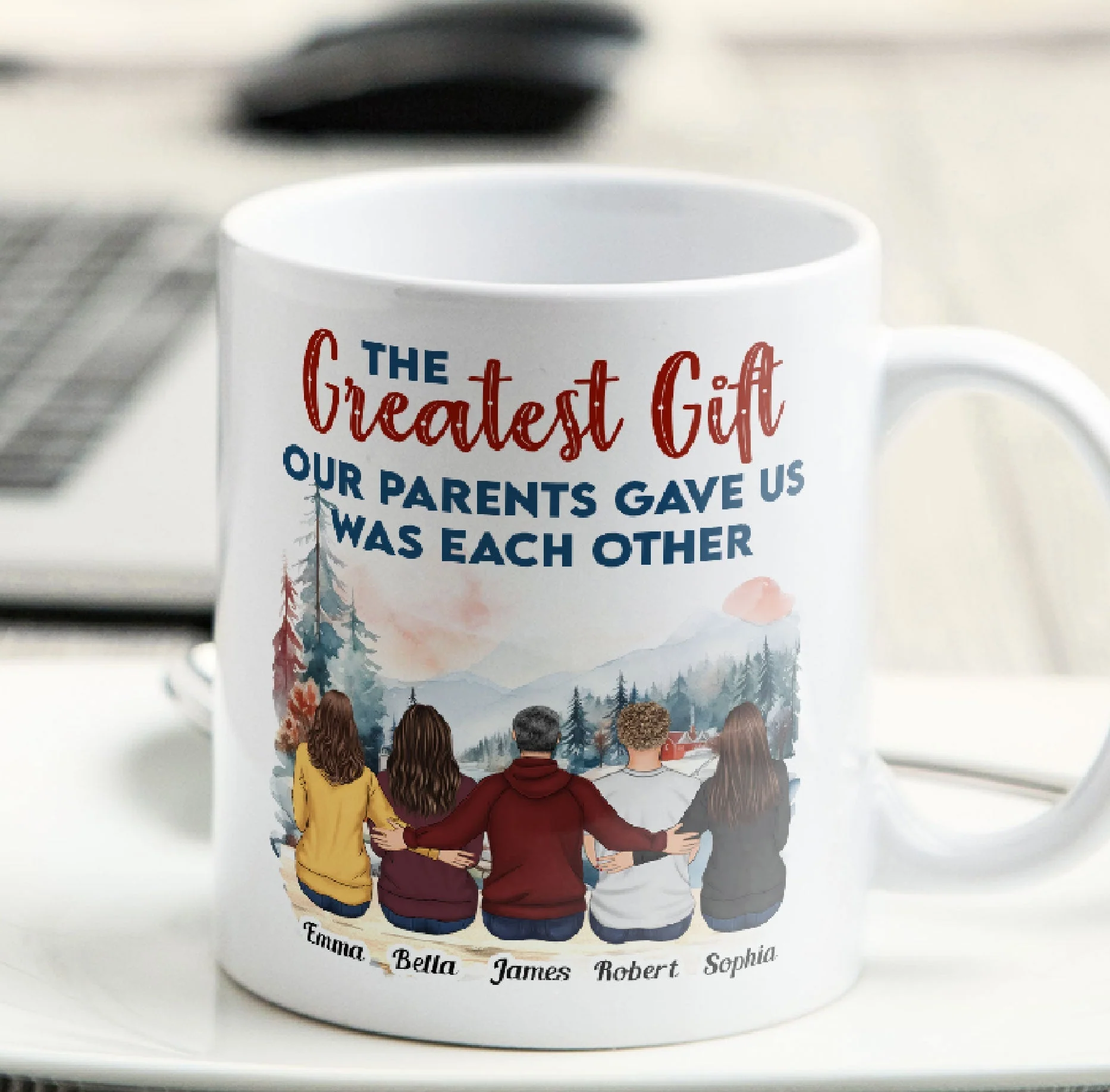 Family Mug with Illustration & Quote, siblings sitting in a snowy mountain scene, a unique gift for Mom & Dad - Image 5