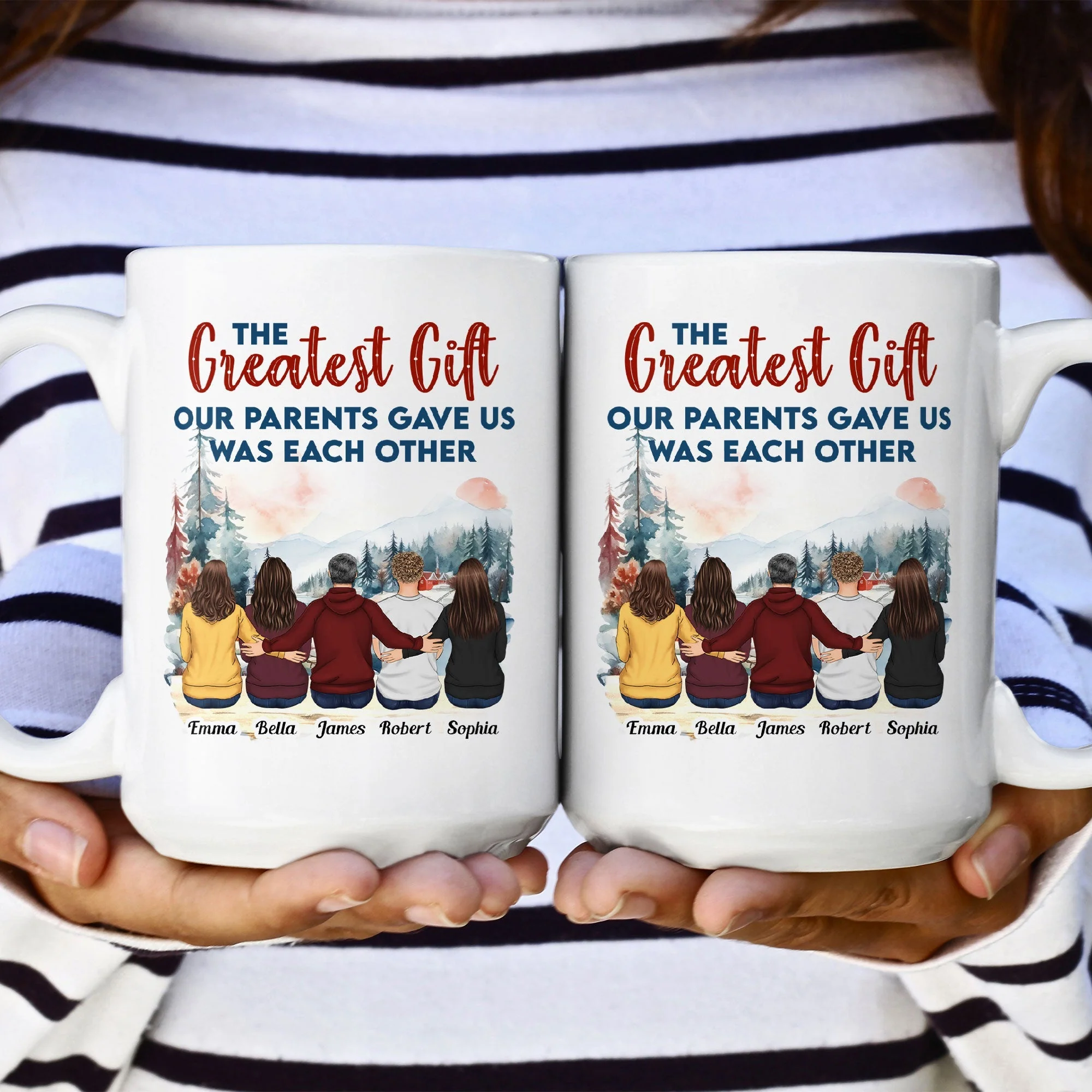 Family Mug with Illustration & Quote, siblings sitting in a snowy mountain scene, a unique gift for Mom & Dad - Image 6