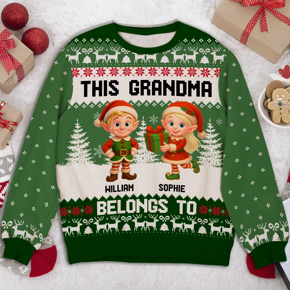 Sweatshirt with Christmas Elves, Custom All-Over Print for Nana, Cozy, Unique Holiday Gift, This Nana Belongs To - Image 2