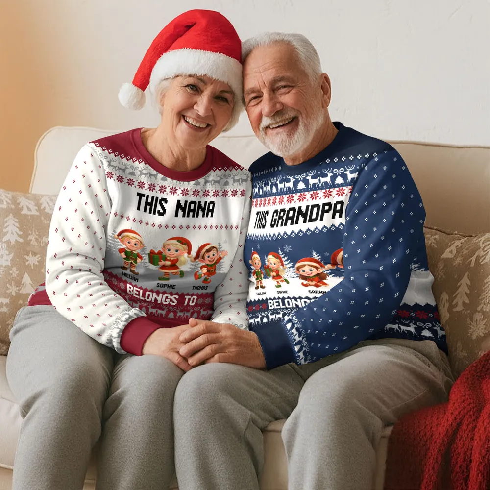 Sweatshirt with Christmas Elves, Custom All-Over Print for Nana, Cozy, Unique Holiday Gift, This Nana Belongs To - Image 3