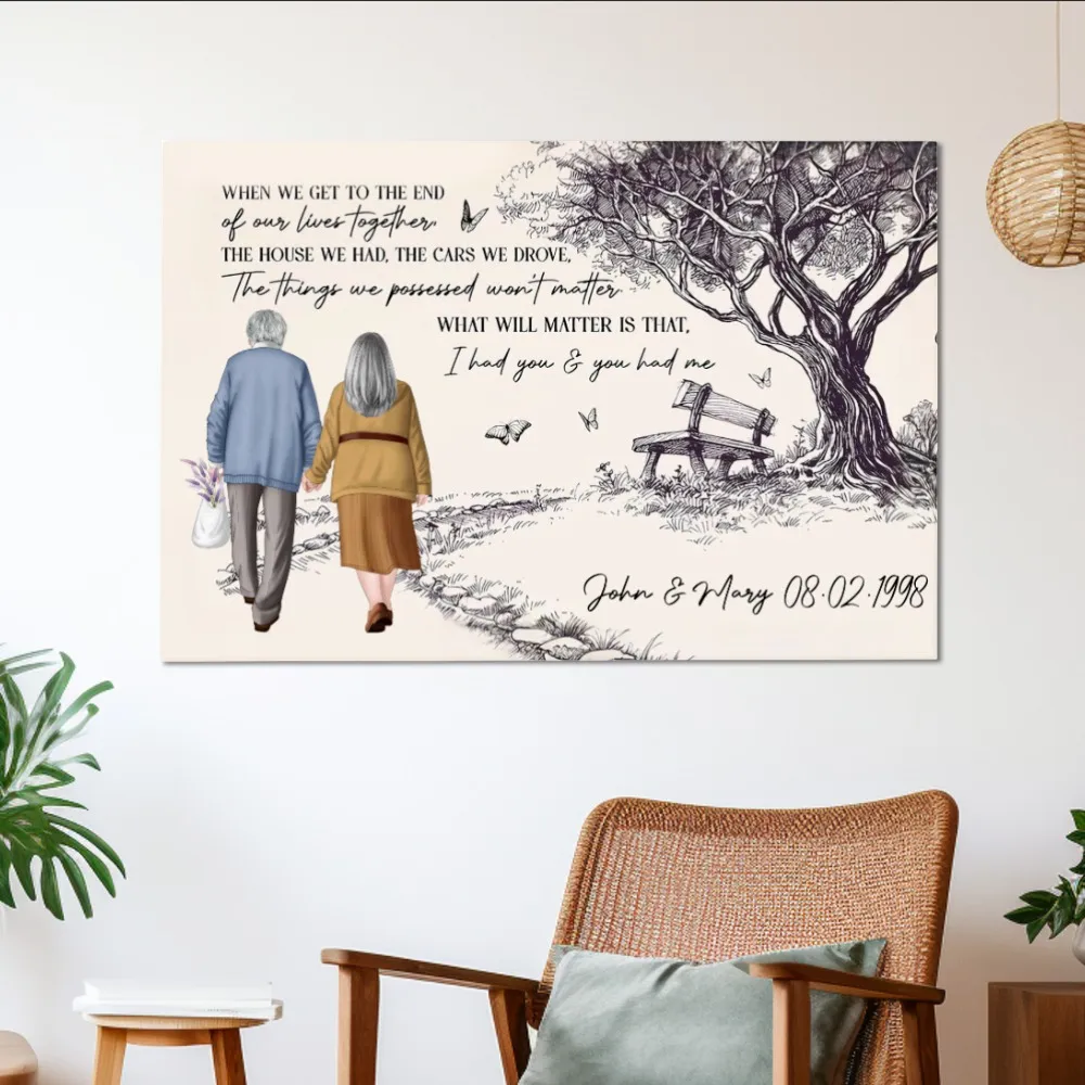 Hand-Drawn Elderly Couple Holding Hands Art Poster or Canvas - Sentimental 'I Had You & You Had Me' Quote, Unique Anniversary Gift