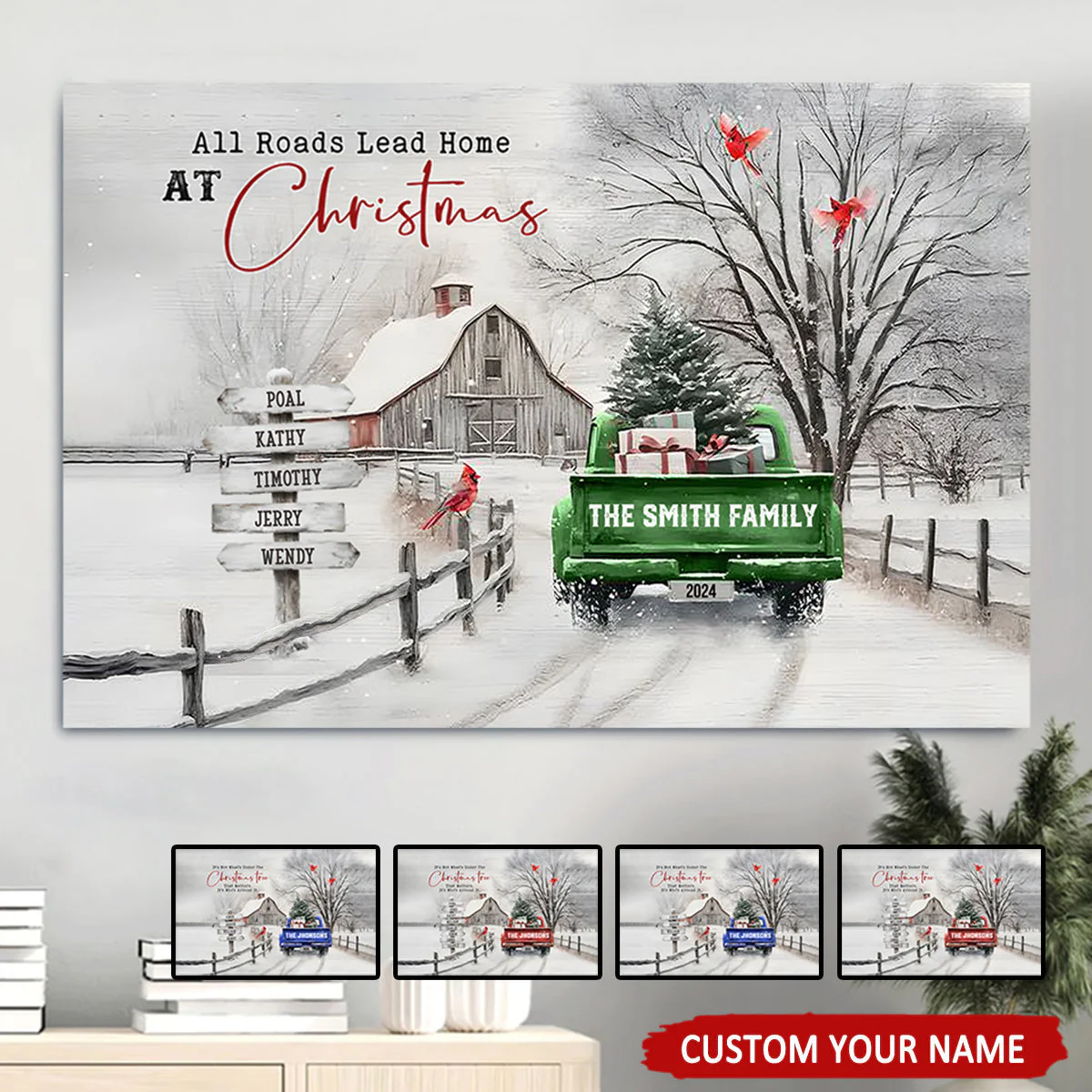 Personalized Snowy Country Christmas Family Name Canvas/Poster, Watercolor Barn & Evergreen Truck Modern Wall Art, Creative Holiday Gift