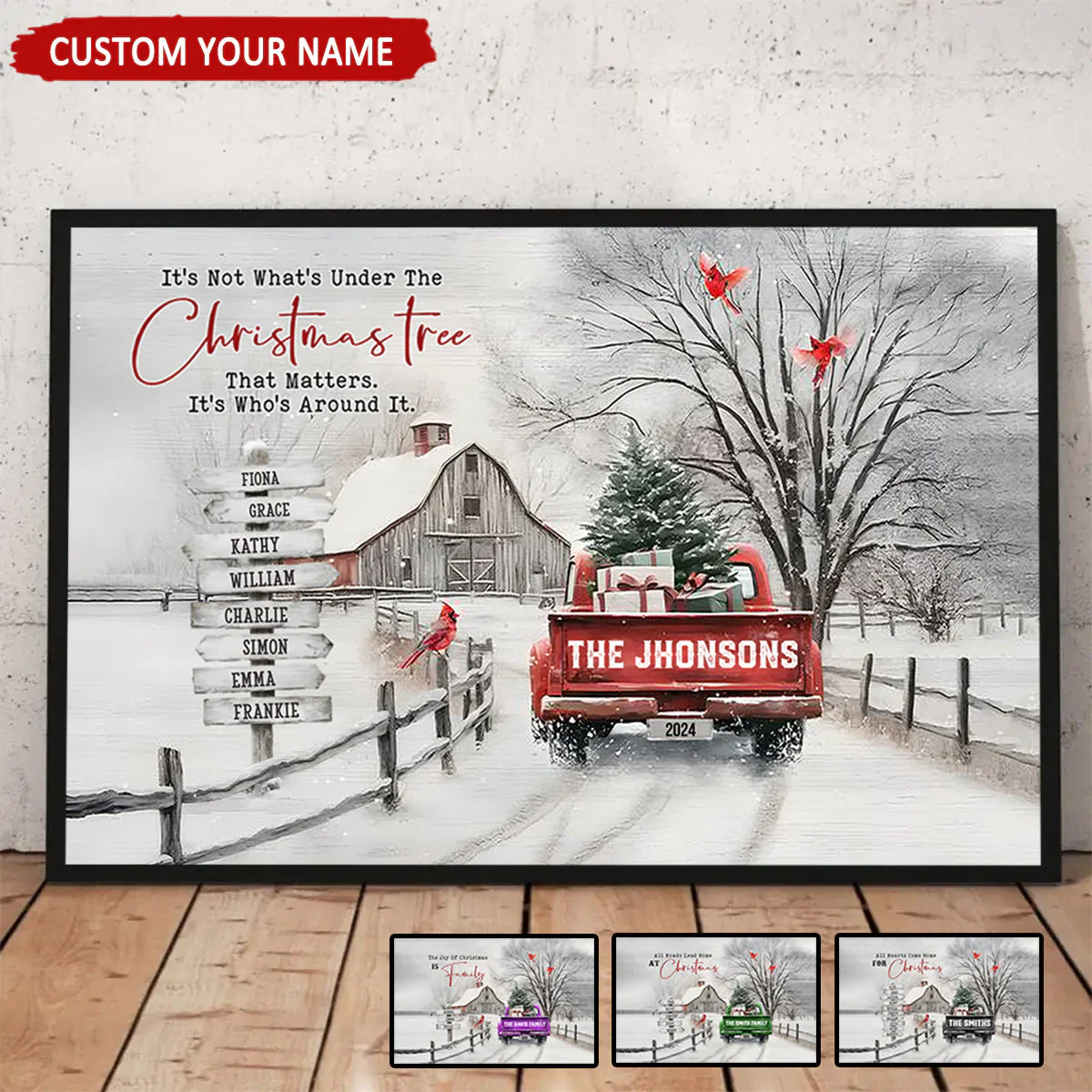 Personalized Snowy Country Christmas Family Name Canvas/Poster, Watercolor Barn & Evergreen Truck Modern Wall Art, Creative Holiday Gift - Image 3