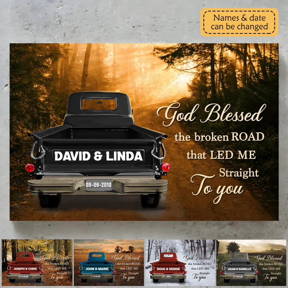 Vintage Truck Poster - 'God Blessed the Broken Road' Forest Art, Personalized Gift for Couples, Wedding or Anniversary - Image 2