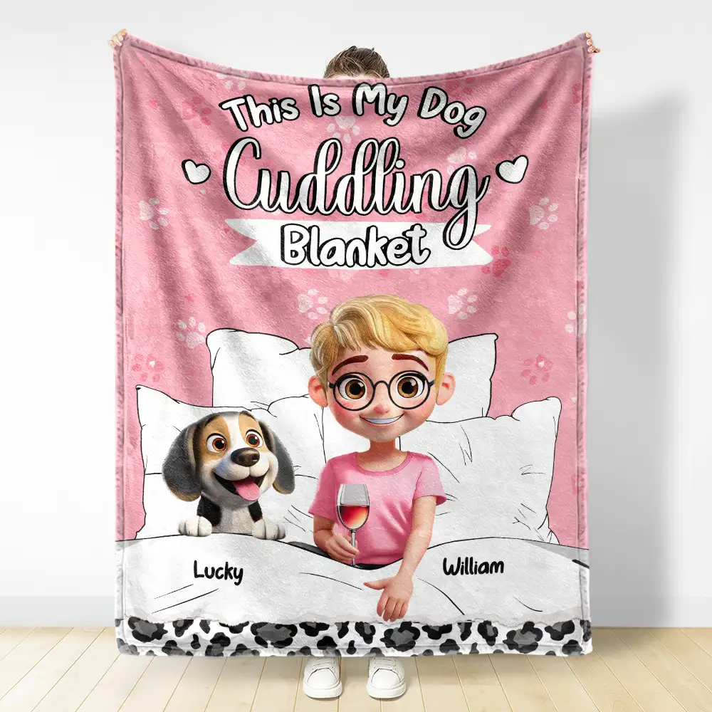 Fleece Blanket with Cute Dog Cartoon & Paw-Print Pattern, Cozy Cuddling Throw for Sofa or Bed, Unique Gift for Dog Lovers - Image 3