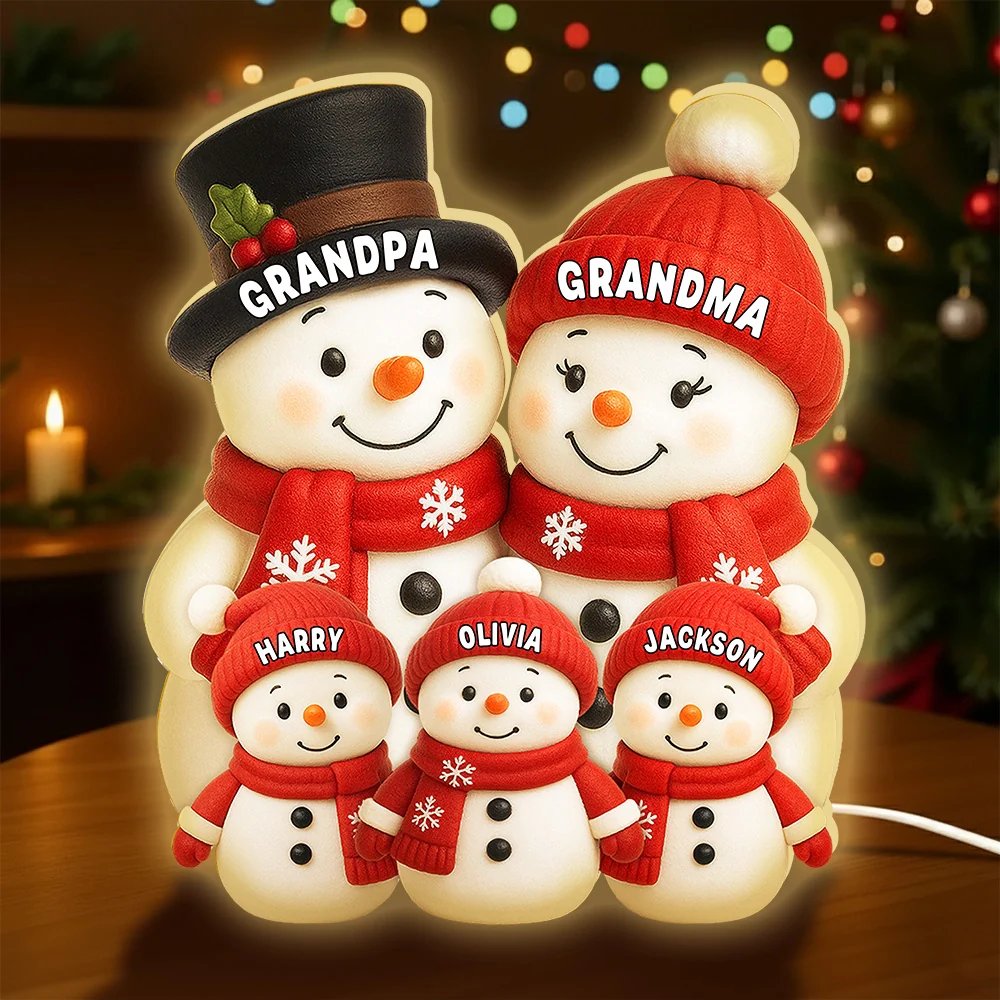 Acrylic Light Box Snowman Grandkids Design, Personalized, Warm Holiday Glow, Cozy Decor, A Unique Gift for Grandparents
