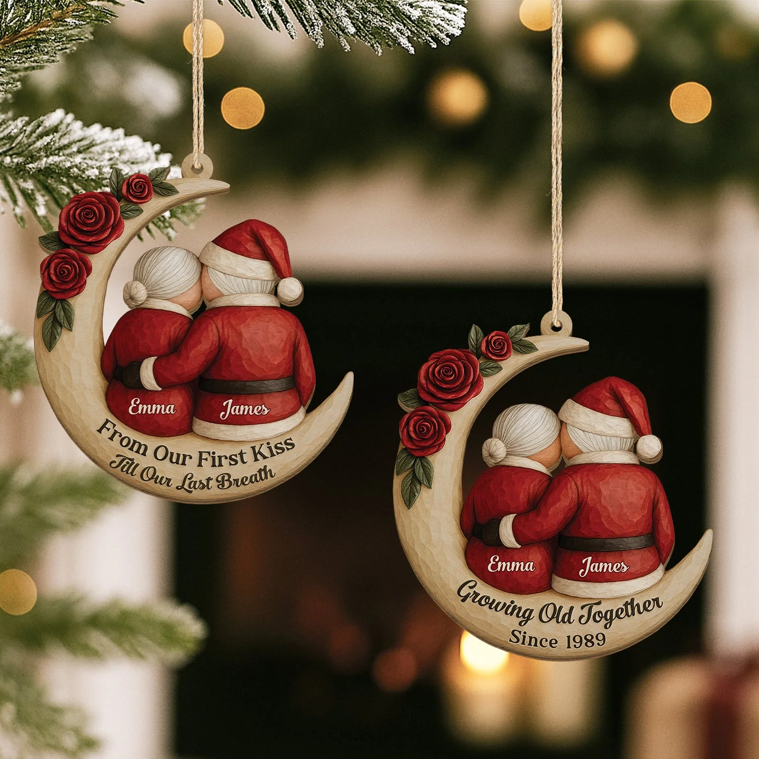 Wooden Ornament, crescent with roses and hugging Santa couple, cozy Christmas decor, creative gift for wife & husband - Image 2