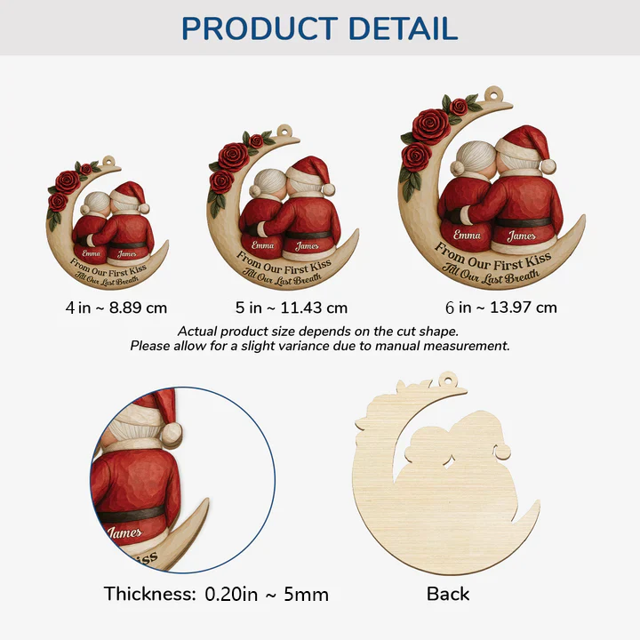 Wooden Ornament, crescent with roses and hugging Santa couple, cozy Christmas decor, creative gift for wife & husband - Image 4