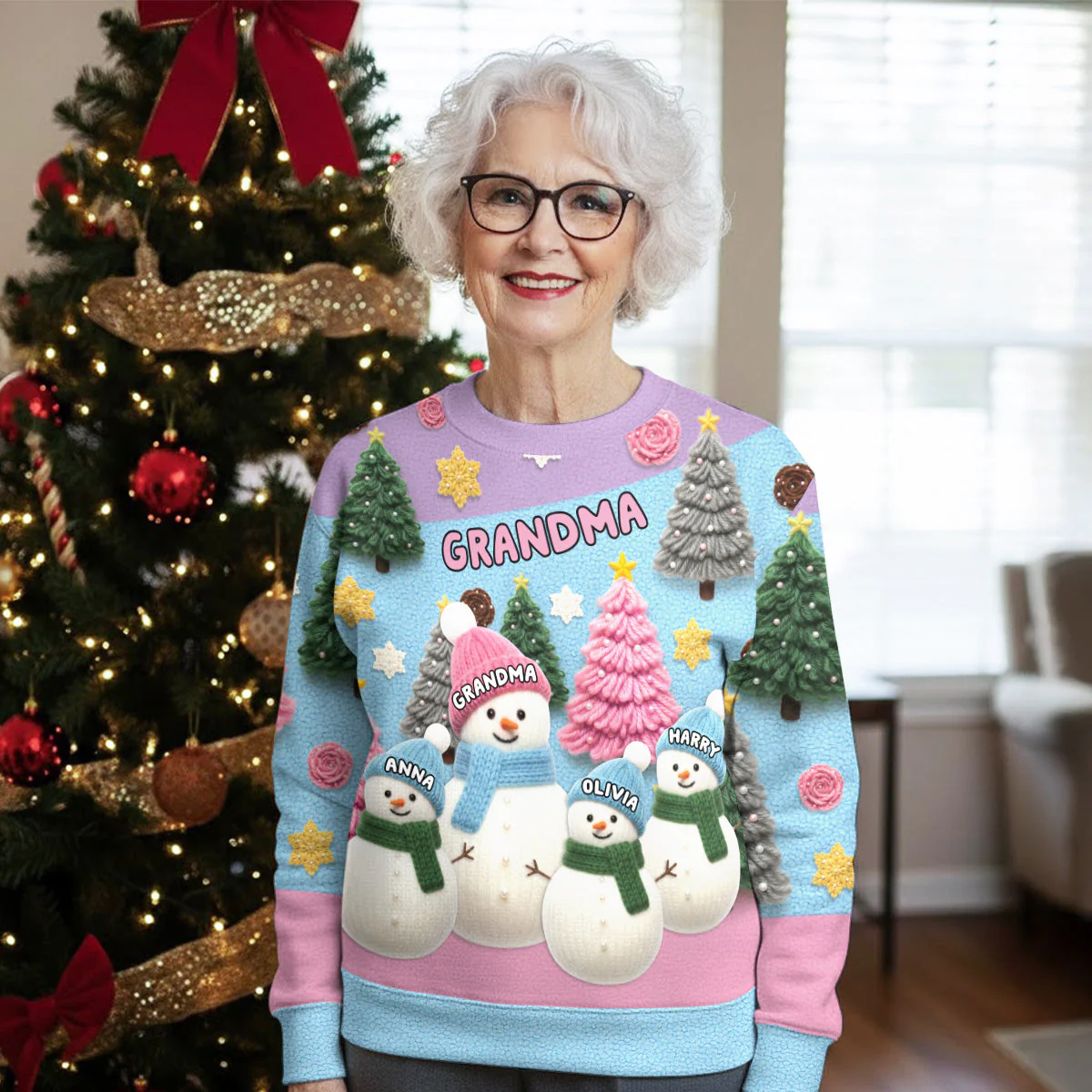 Printed Sweatshirt with Snowman Family All-Over Print, Christmas Trees, pastel winter vibe, a unique gift for Grandma - Image 2