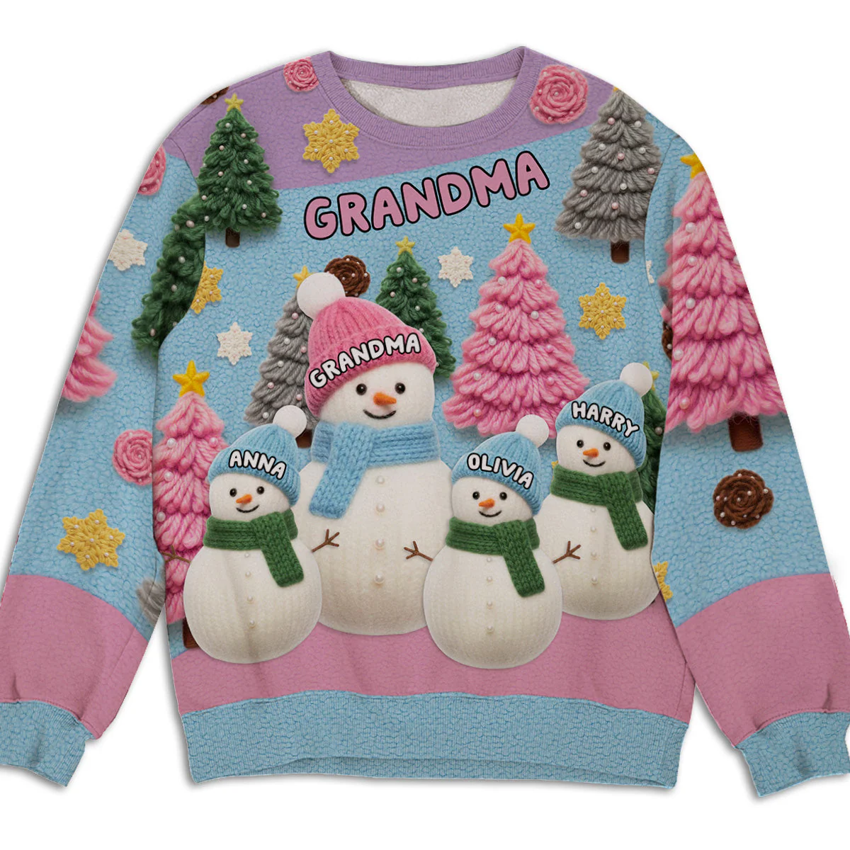 Printed Sweatshirt with Snowman Family All-Over Print, Christmas Trees, pastel winter vibe, a unique gift for Grandma - Image 3