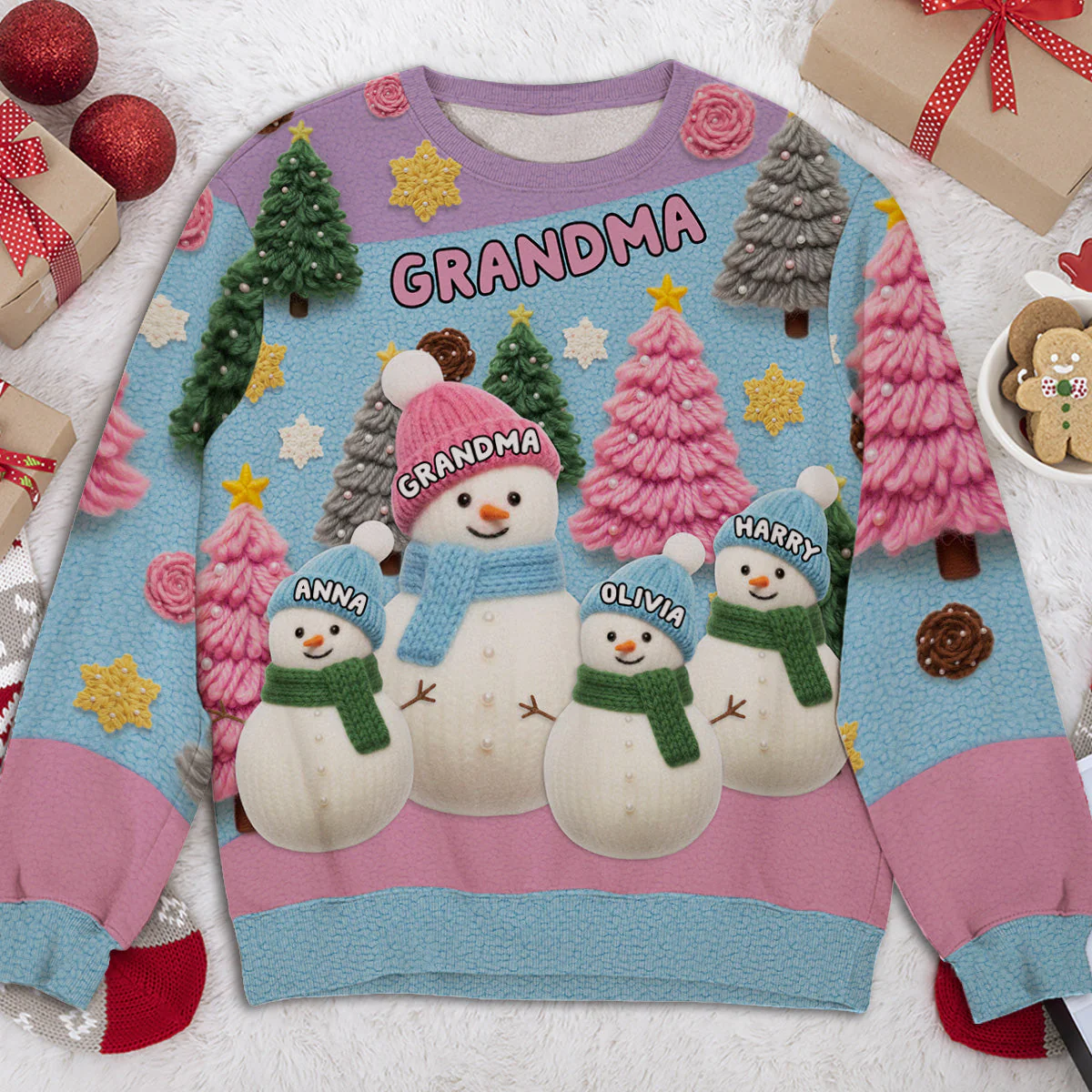 Printed Sweatshirt with Snowman Family All-Over Print, Christmas Trees, pastel winter vibe, a unique gift for Grandma - Image 4