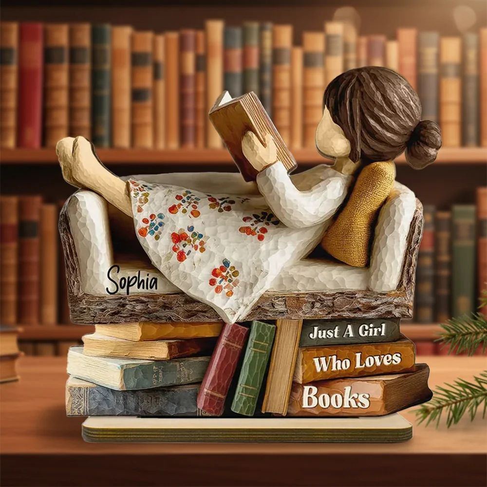 Wooden Plaque - Girl Reading on Sofa, Rustic Book Lover Decor, Personalized, Unique Gift for Daughter or Friend