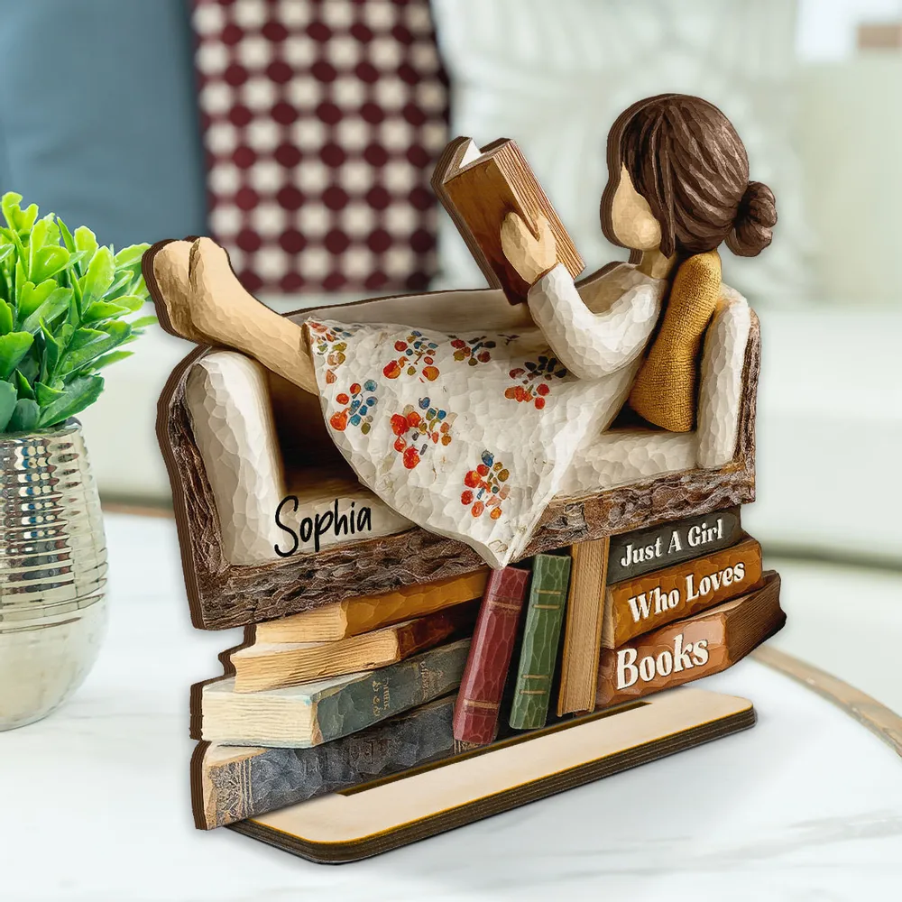 Wooden Plaque - Girl Reading on Sofa, Rustic Book Lover Decor, Personalized, Unique Gift for Daughter or Friend - Image 2