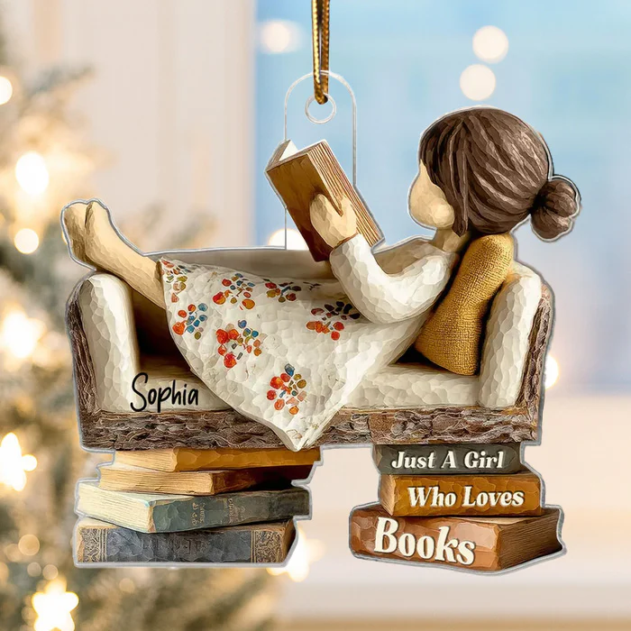 Personalized Acrylic Ornament for Book Lovers, cozy sofa reading scene, unique Christmas gift for Daughter or Friend