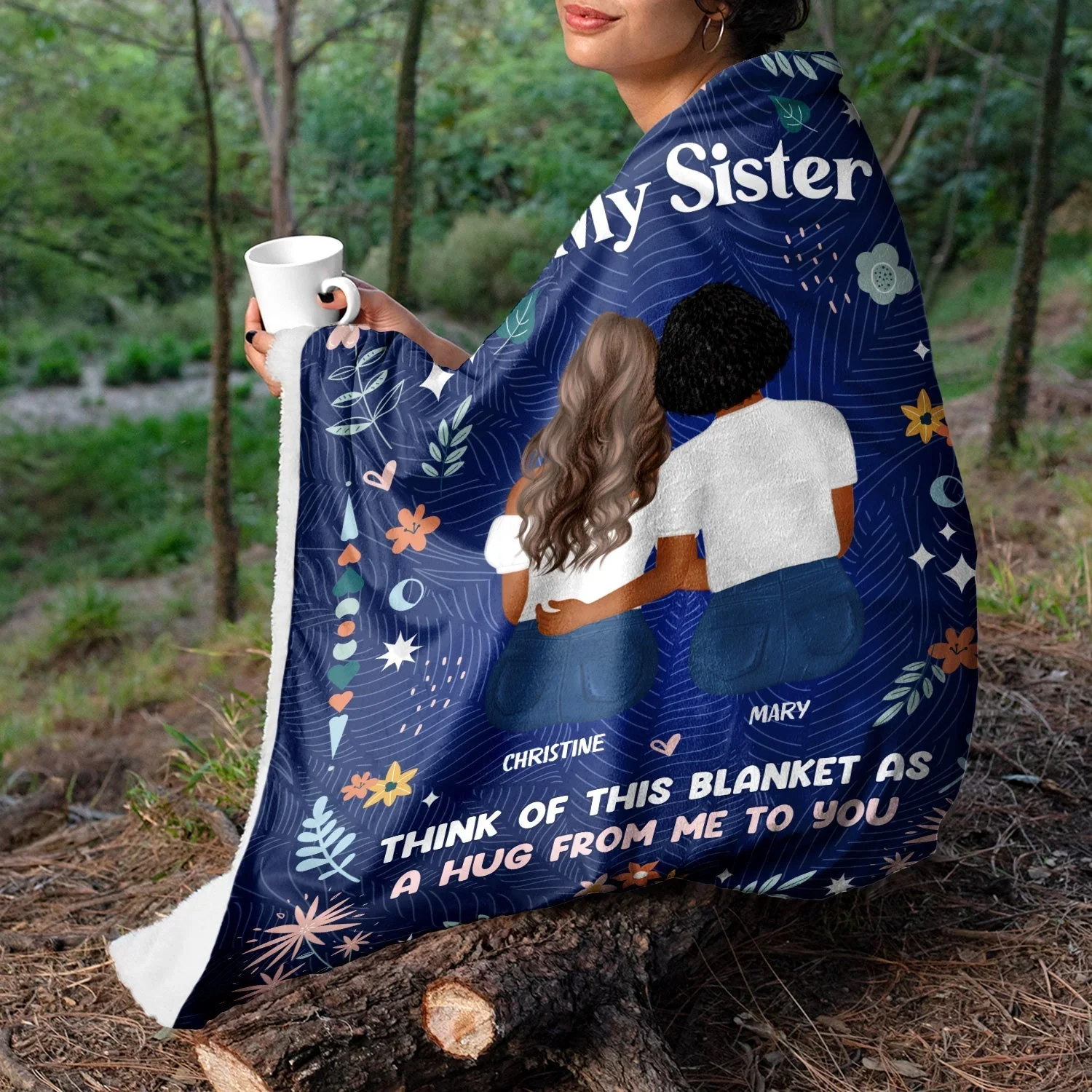 Fleece Blanket for Sister, Hugging Sisters Art with 'To My Sister' & 'A Hug from Me to You', Navy Floral, a Unique Gift - Image 3