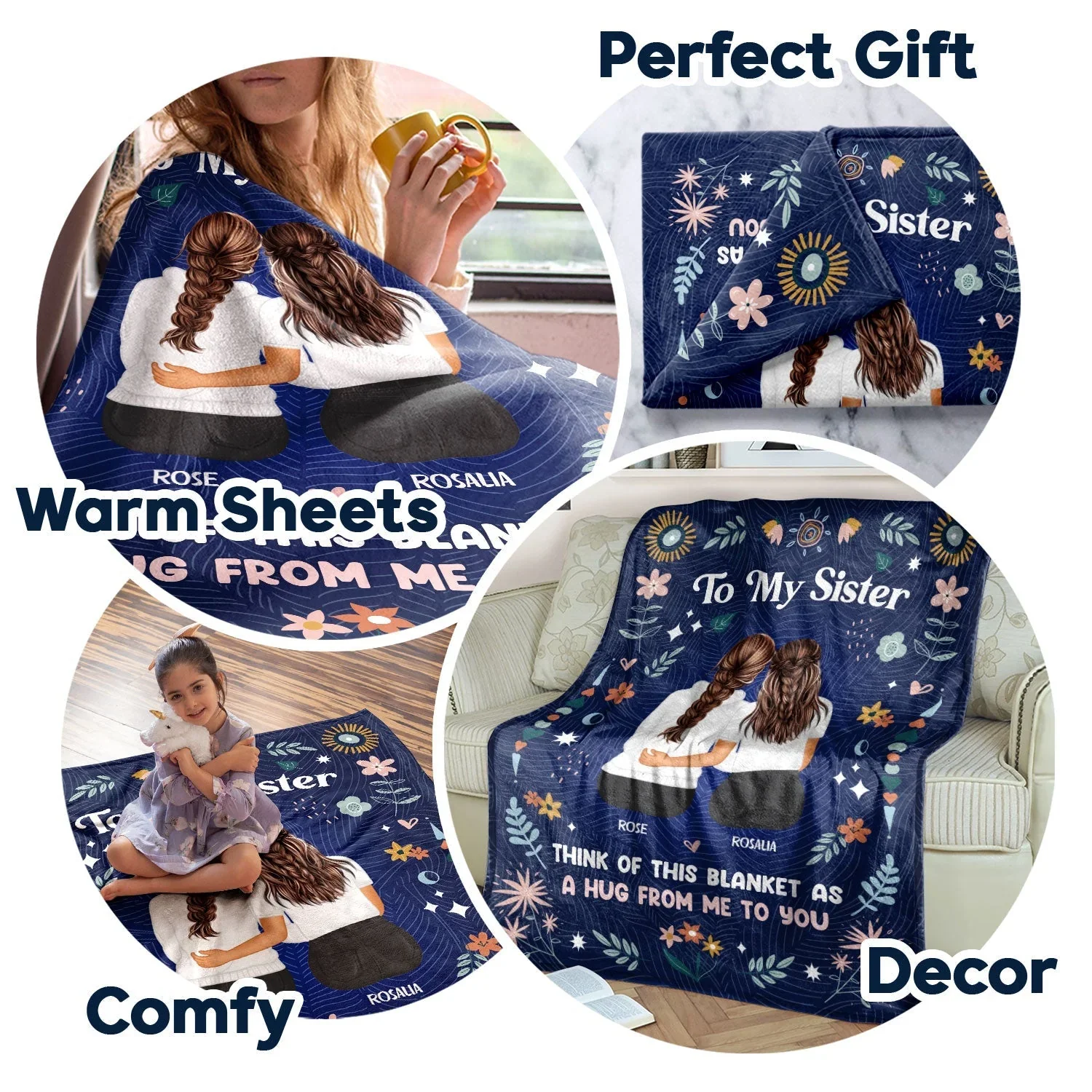 Fleece Blanket for Sister, Hugging Sisters Art with 'To My Sister' & 'A Hug from Me to You', Navy Floral, a Unique Gift - Image 4